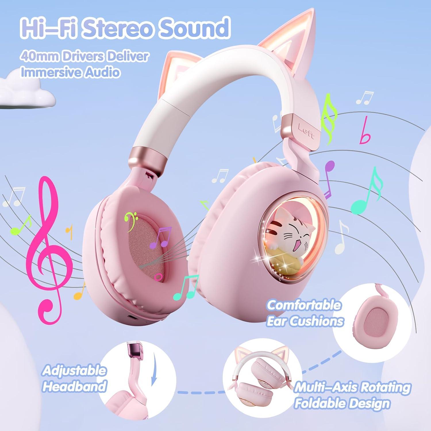 Auriculares Inalámbricos para Niños Esonstyle S21 Rosa - Bluetooth 5.4, Cancelación de Ruido, Volumen Seguro 85dB