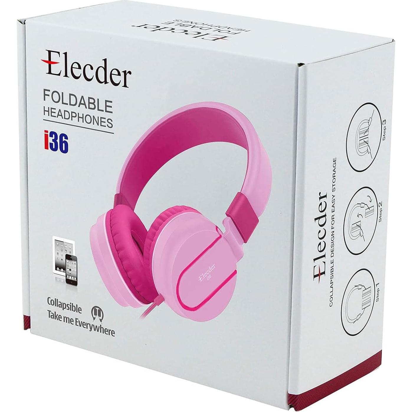 ELECDER i36 Kids Headphones Children Girls Boys Teens Foldable Adjustable On Ear Headphones 3.5mm Jack Compatible Cellphones Computer Kindle MP3/4 School Tablet Pink/Rose