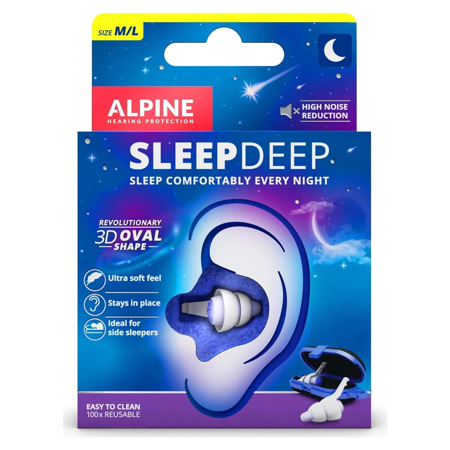Alpine SleepDeep - Soft Ear Plugs for Sleeping and Concentration - New 3D Oval Shape and Noise Reducing Gel for Better Attenuation - 27 dB - Ideal for Side Sleeper - 1-Pair Reusable: M/L White