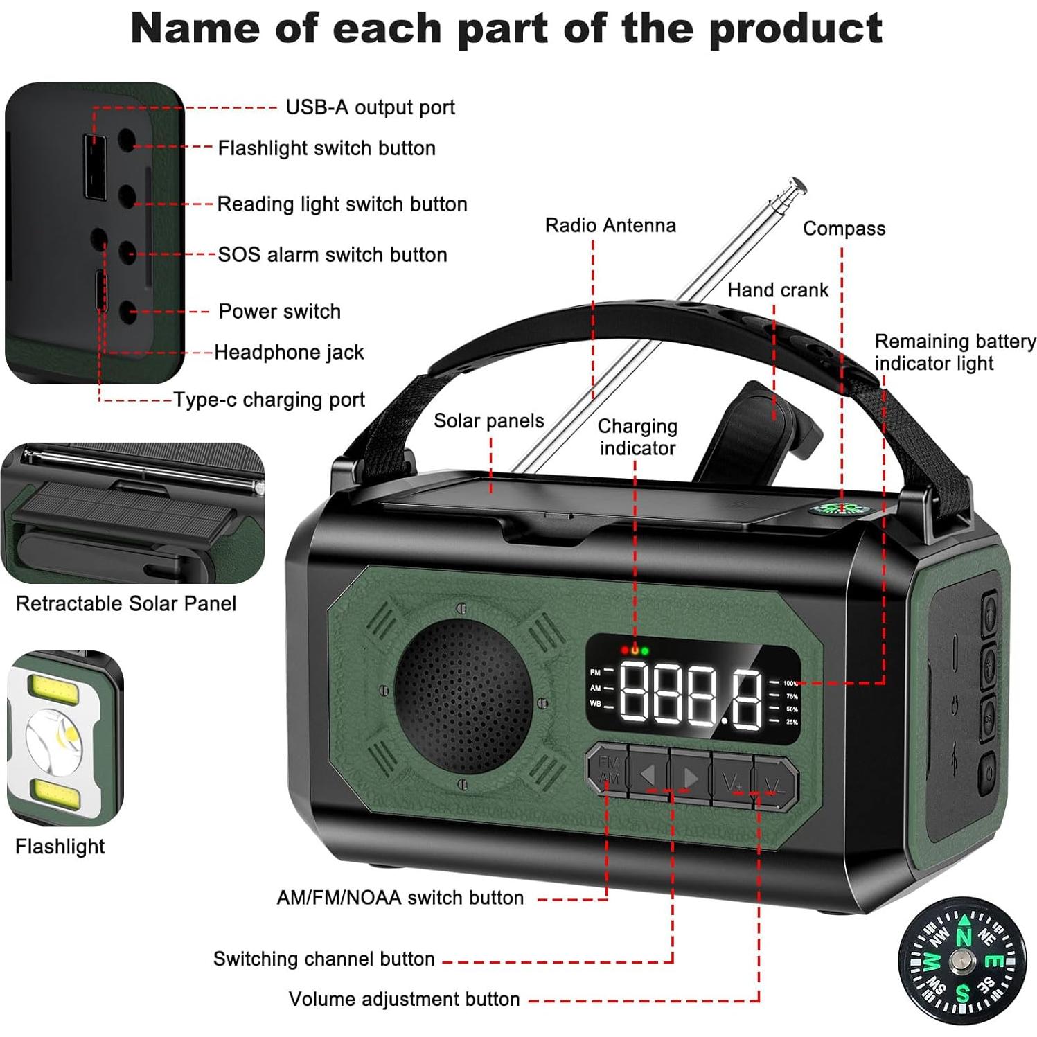 Radio de Emergencia NEPIVEL 12000mAh Solar y Manivela Verde