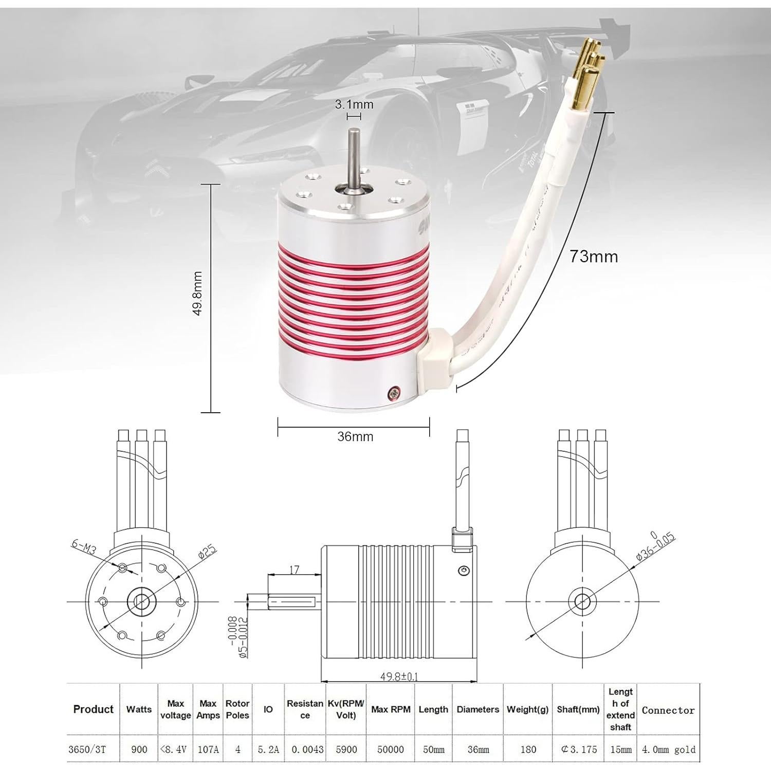Motor Sin Escobillas 540 DideaECO 3650 5900KV 3.175mm
