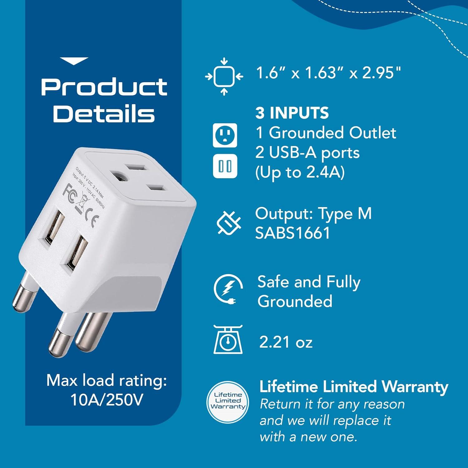 Adaptador de Viaje Ceptics Tipo M Sudáfrica con Doble USB