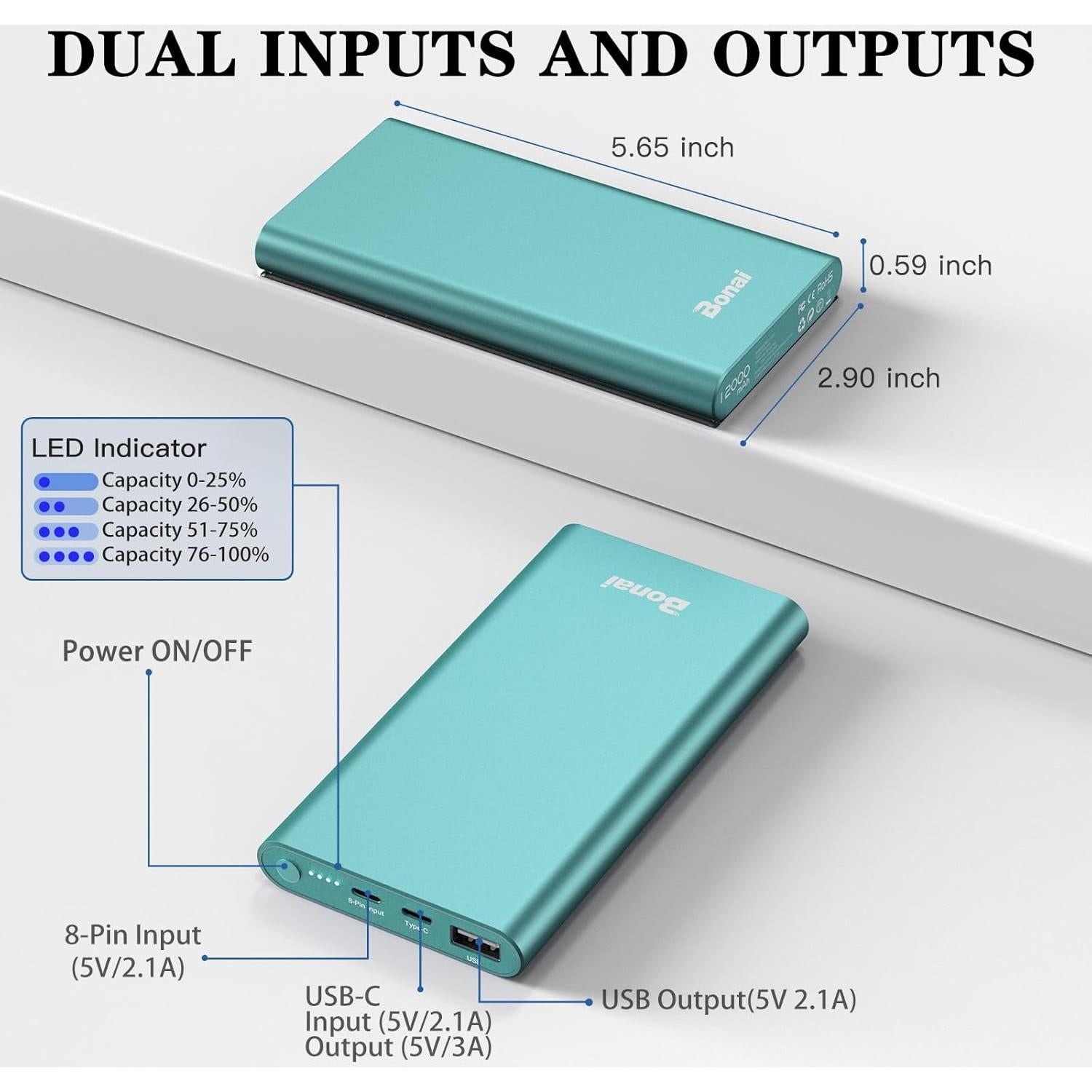 Cargador Portátil BONAI 12000mAh Carga Rápida USB-C y Lightning