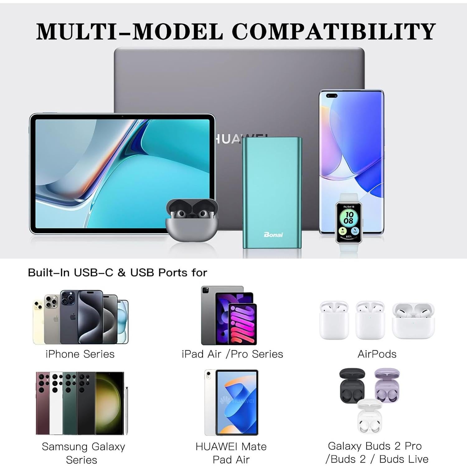 Cargador Portátil BONAI 12000mAh Carga Rápida USB-C y Lightning