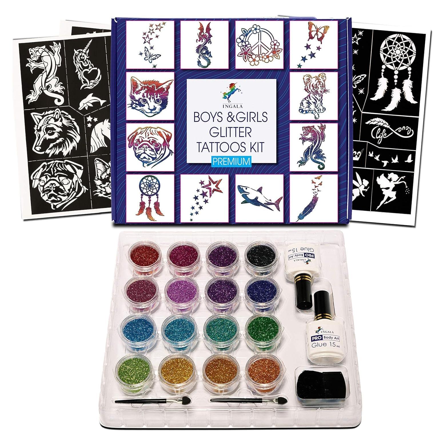 Kit de Tatuajes Temporales Brillantes INGALA - 74 Plantillas, 16 Colores, 2x 14.79 ml Pegamento