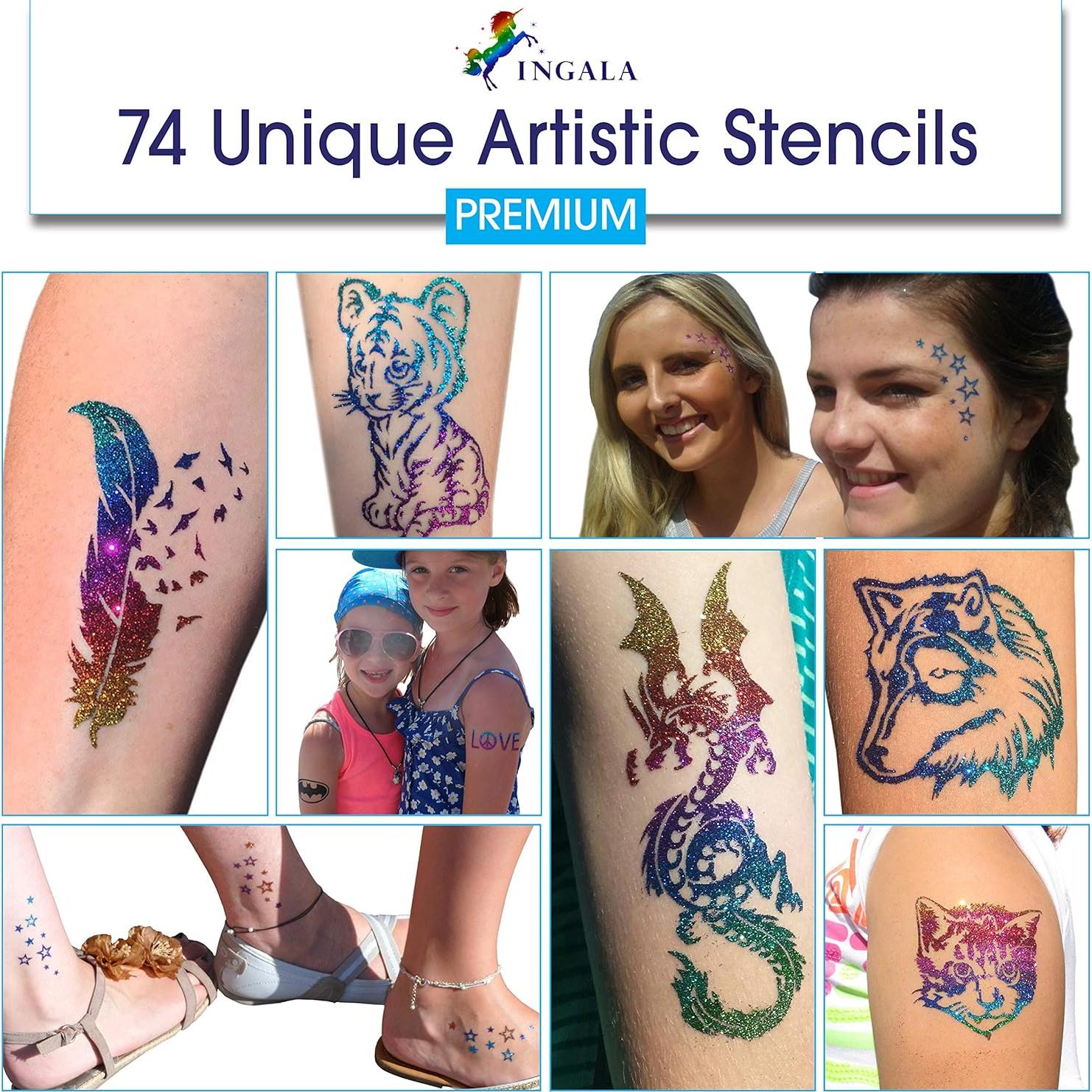 Kit de Tatuajes Temporales Brillantes INGALA - 74 Plantillas, 16 Colores, 2x 14.79 ml Pegamento