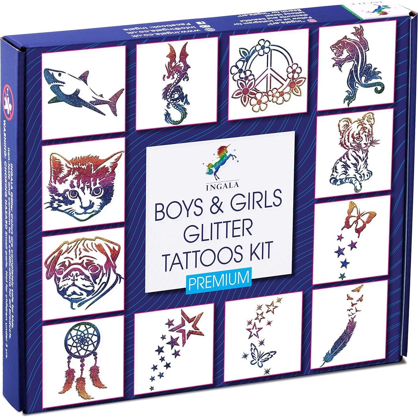 Kit de Tatuajes Temporales Brillantes INGALA - 74 Plantillas, 16 Colores, 2x 14.79 ml Pegamento