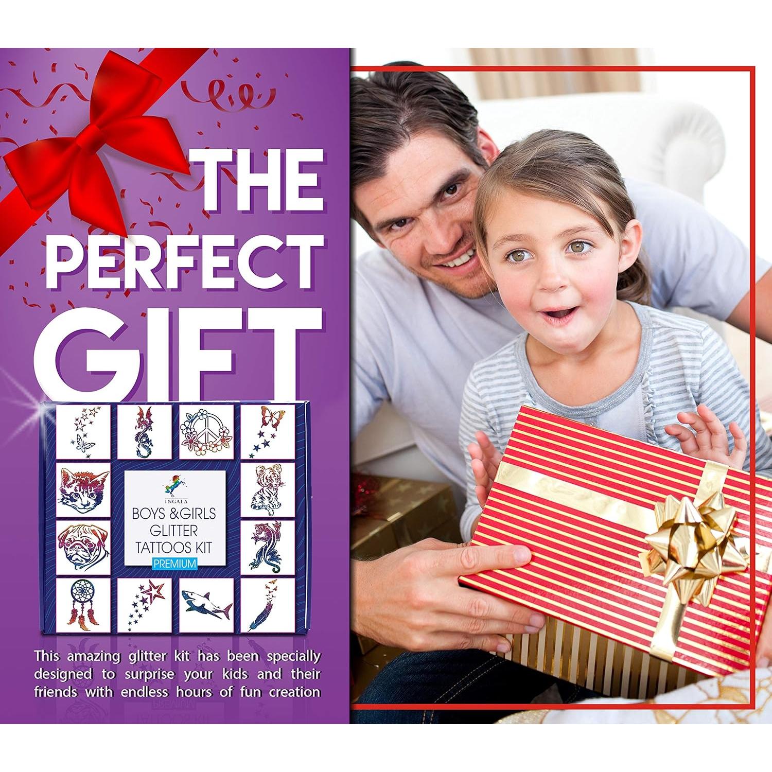 Kit de Tatuajes Temporales Brillantes INGALA - 74 Plantillas, 16 Colores, 2x 14.79 ml Pegamento