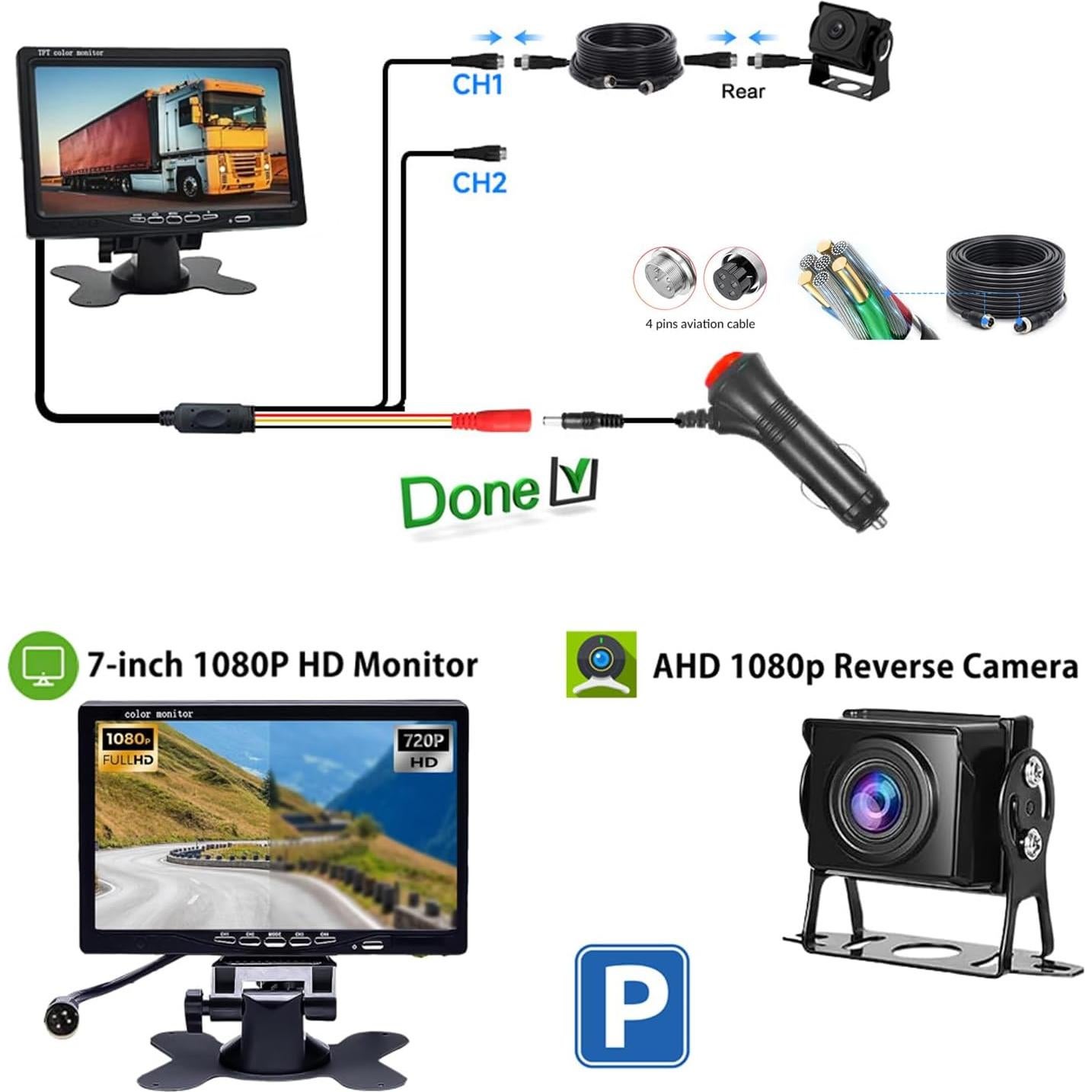 Kit Cámara de Respaldo TOPRUI 1080P Monitor 7" Impermeable