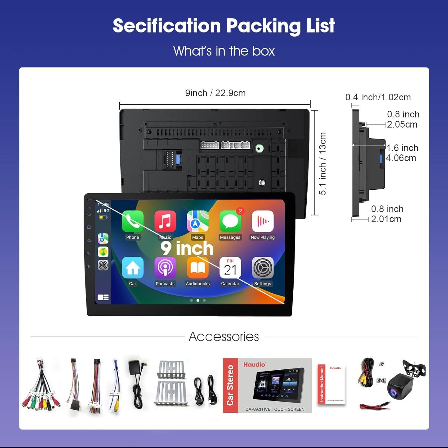 Estéreo Doble Din Haudio 9" CarPlay Inalámbrico y GPS