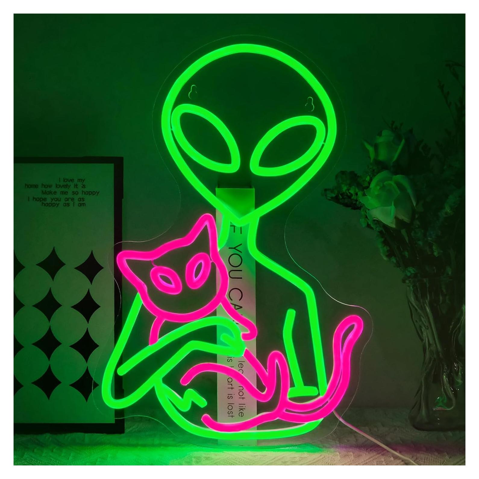 Luz de Neón LED Virlusy Gato Alienígena Dimmable Verde 45.4x29.6cm