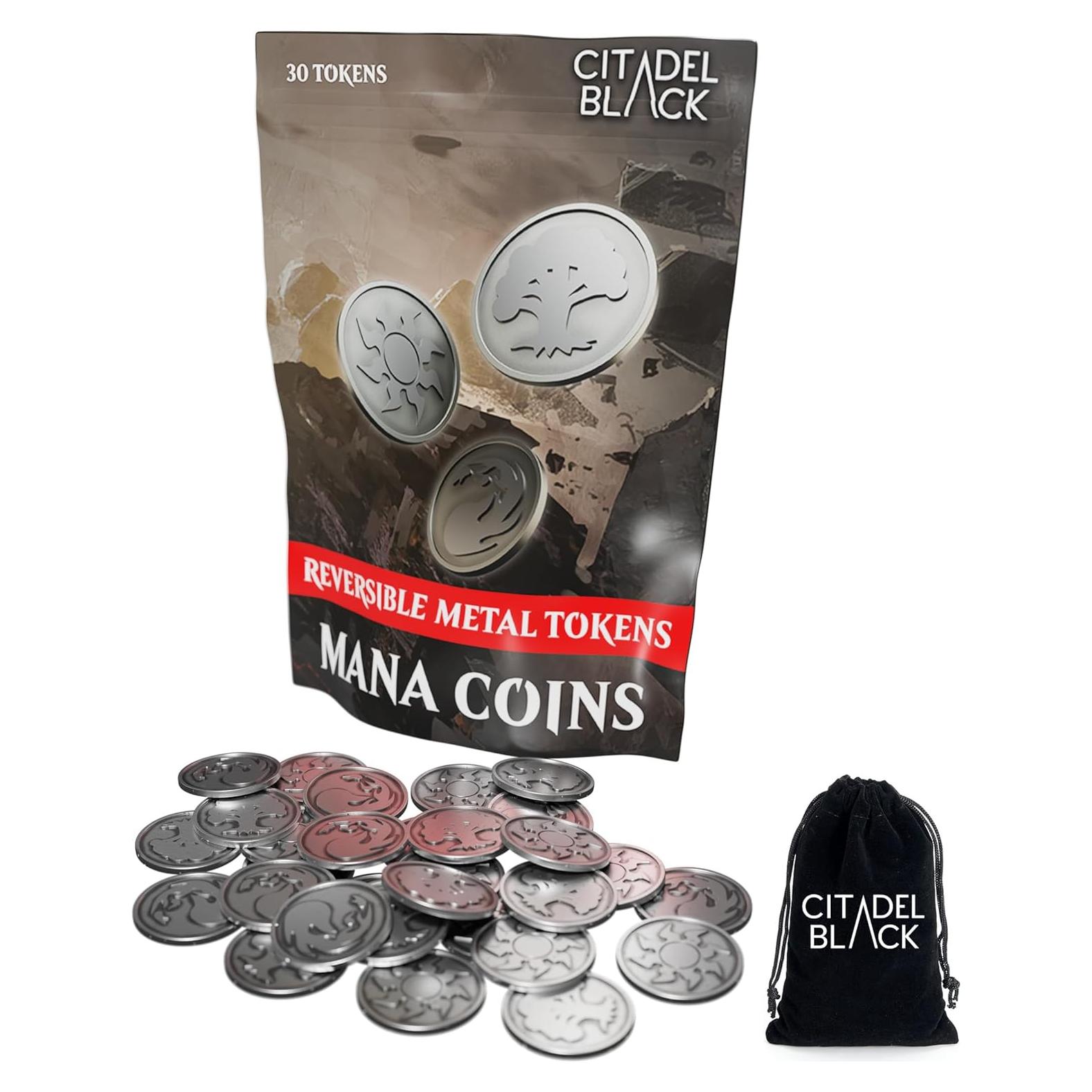 Citadel Black MTG Reversible Mana Coins - Set of 30 Metal Tokens with Drawstring Storage Pouch, Antique Silver Finish, Designed for Magic: The Gathering