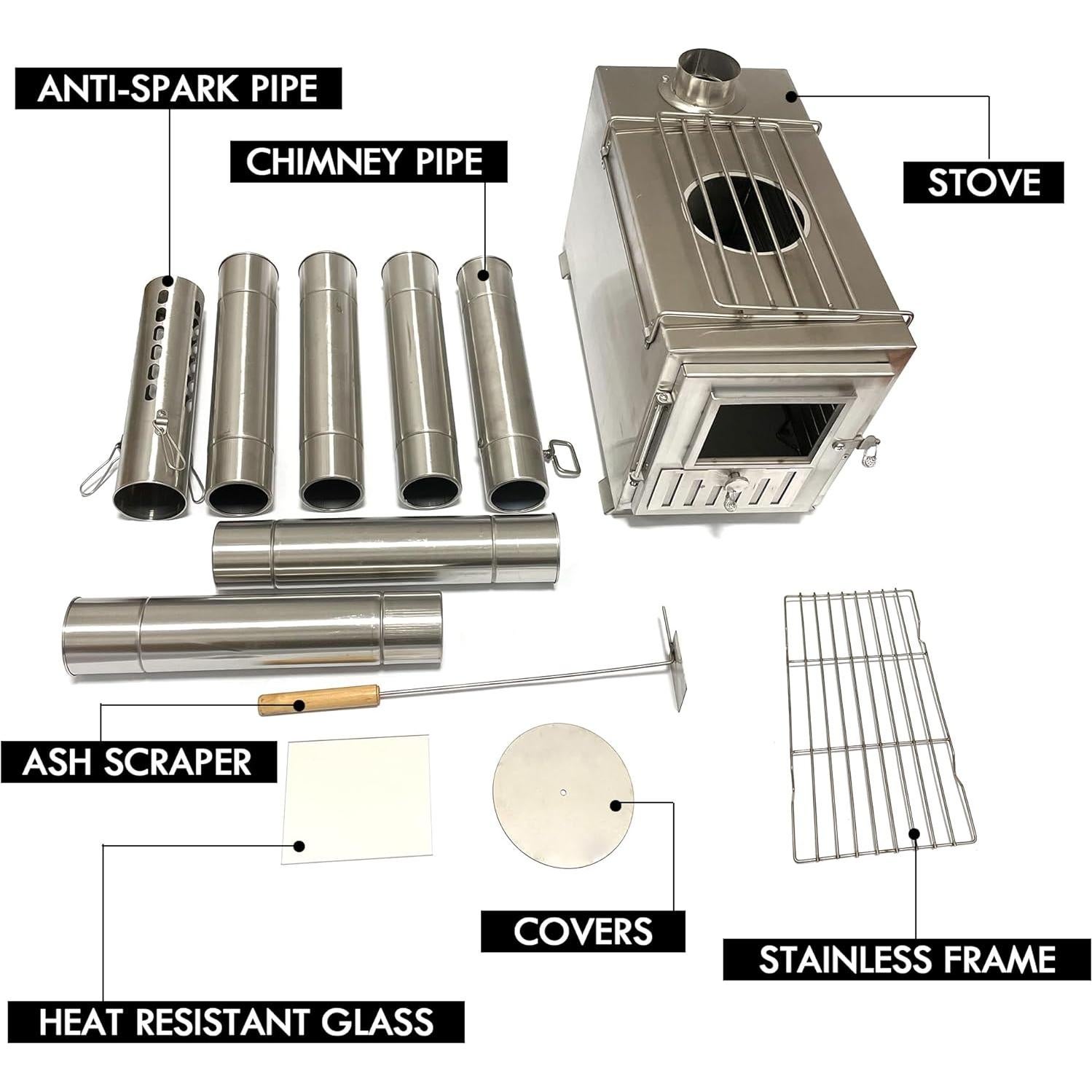 Estufa de leña portátil Tounto DBT01, acero inoxidable, 8.1 kg