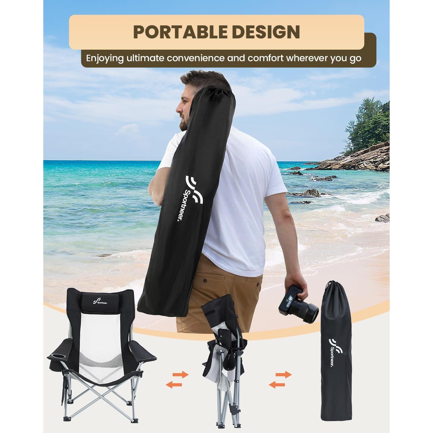Silla de Playa Sportneer Plegable Ajustable con Portavasos Negro