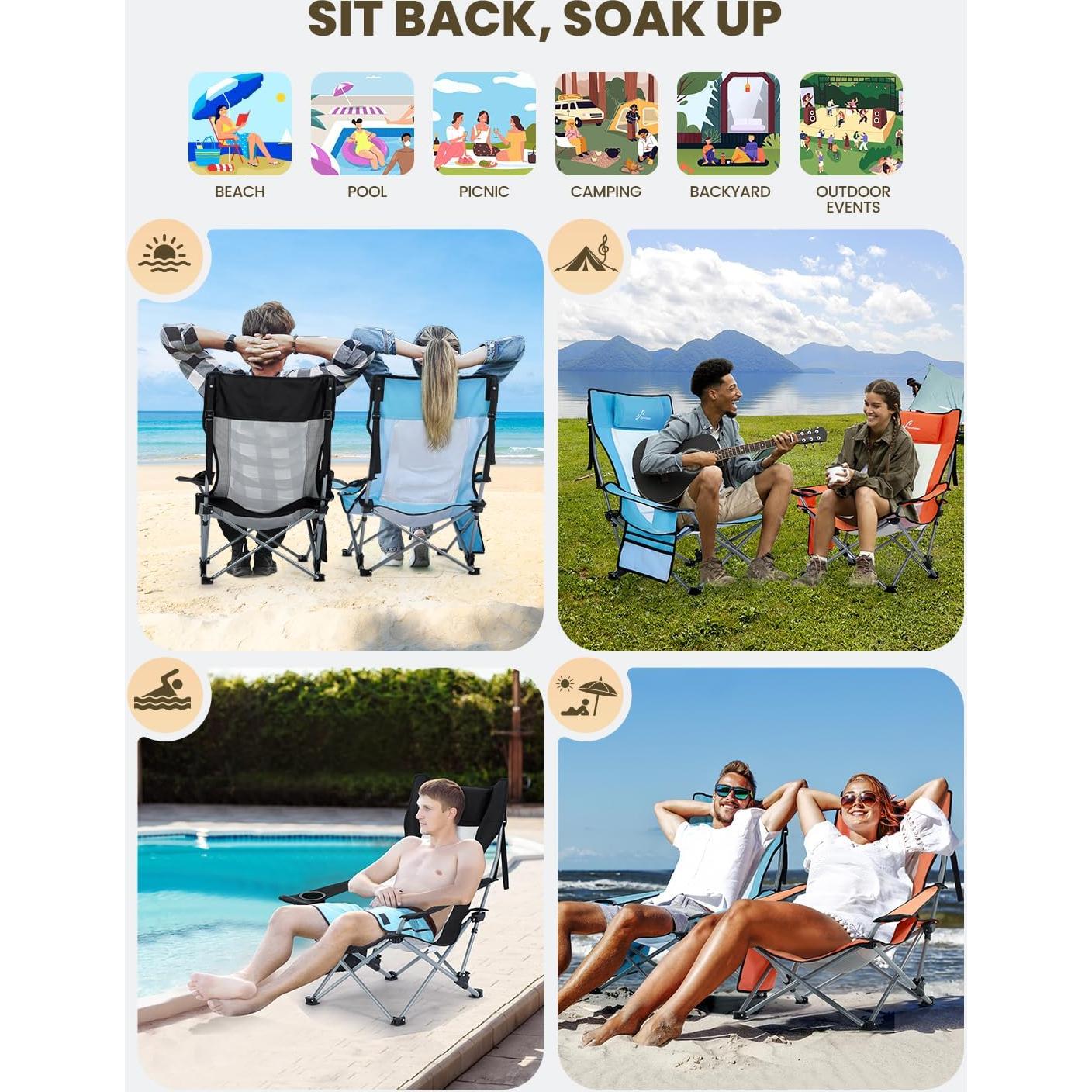 Silla de Playa Sportneer Plegable Ajustable con Portavasos Negro