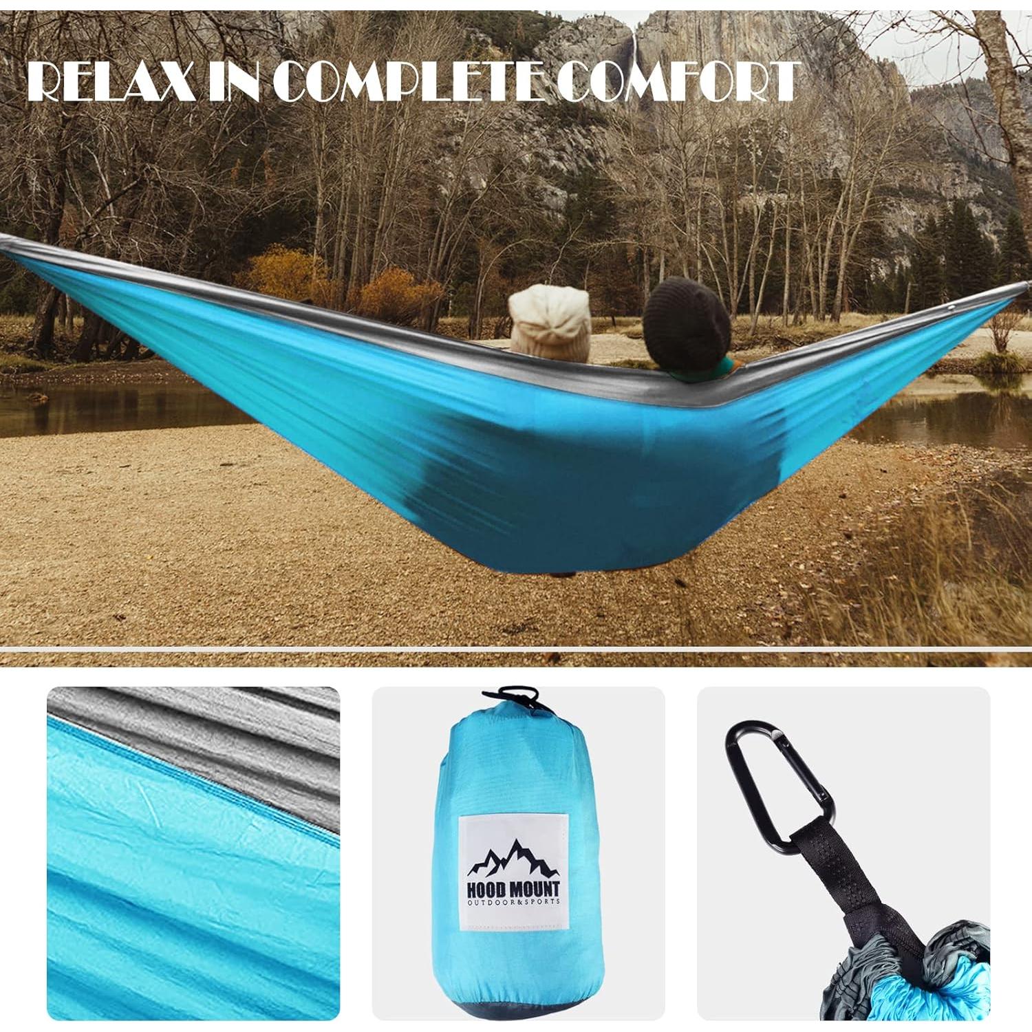 Hamaca de Camping Doble HOOD MOUNT Nylon 299.7x199.9cm Azul y Gris