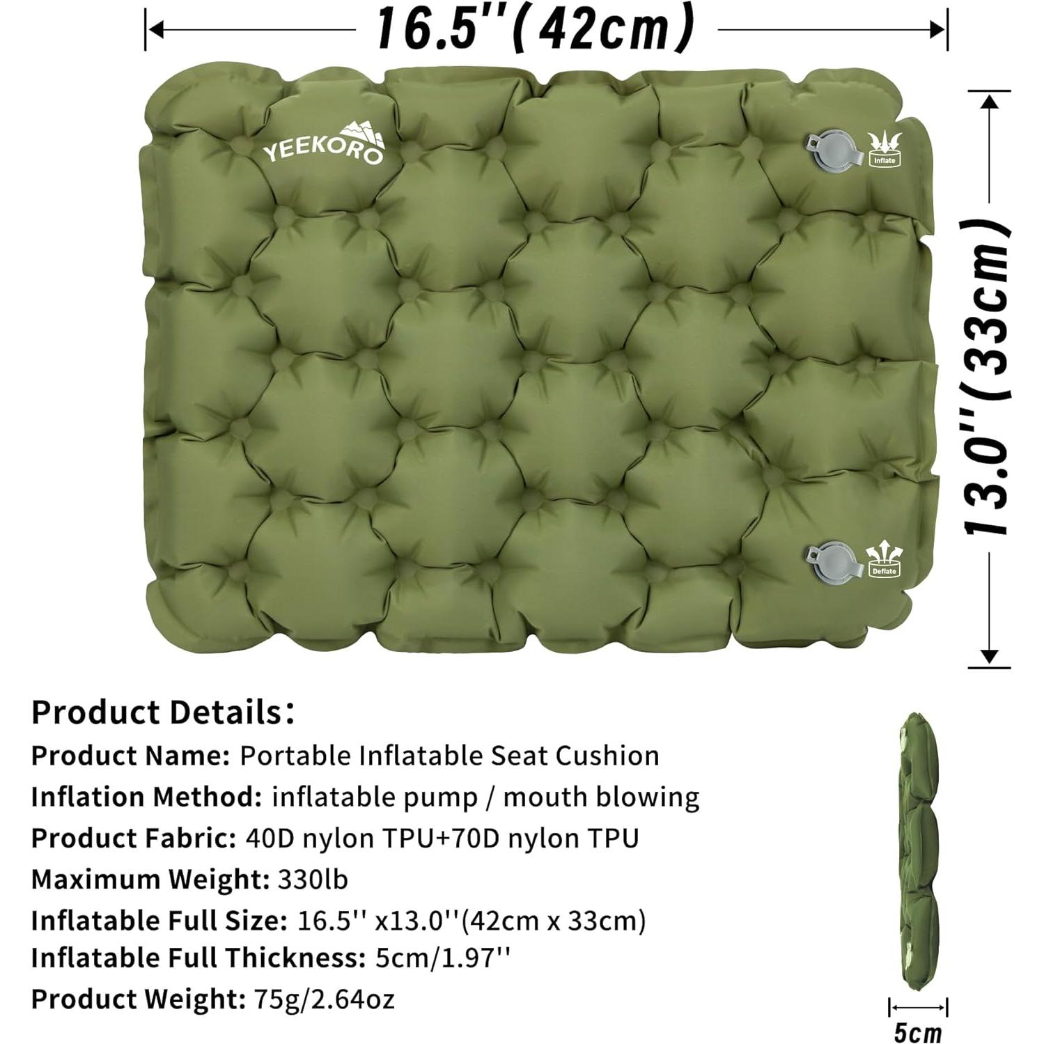 Cojín de Asiento Inflable YEEKORO Verde Militar 42x33cm