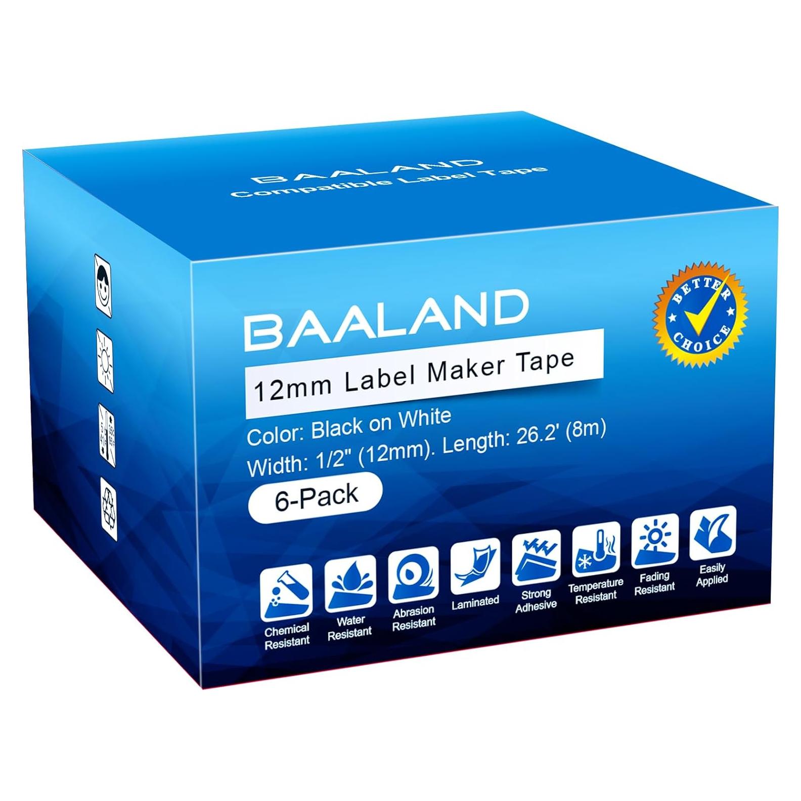 Cinta de Etiquetadora BAALAND TZe231 12mm Negro sobre Blanco 6-Pack