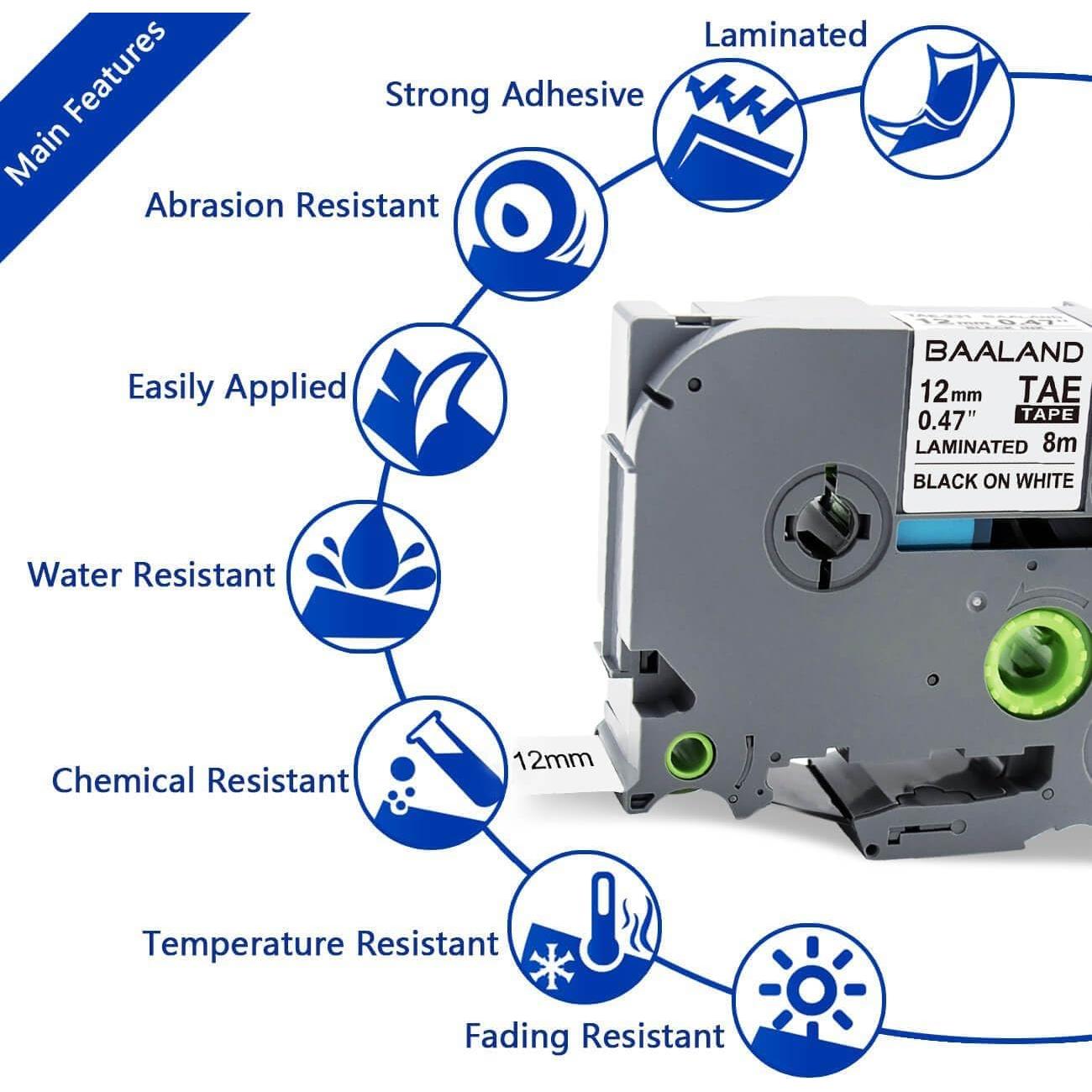Cinta de Etiquetadora BAALAND TZe231 12mm Negro sobre Blanco 6-Pack