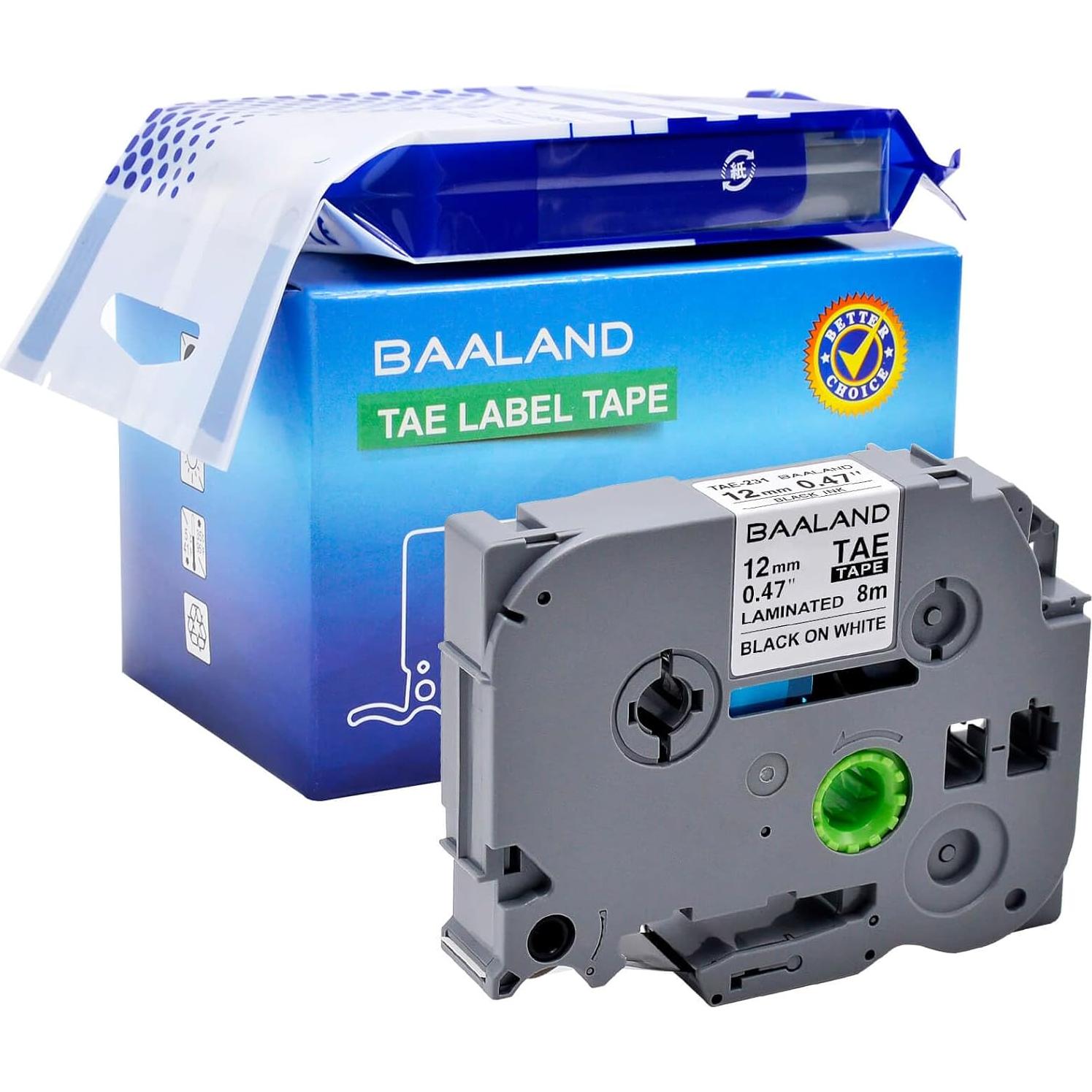 Cinta de Etiquetadora BAALAND TZe231 12mm Negro sobre Blanco 6-Pack