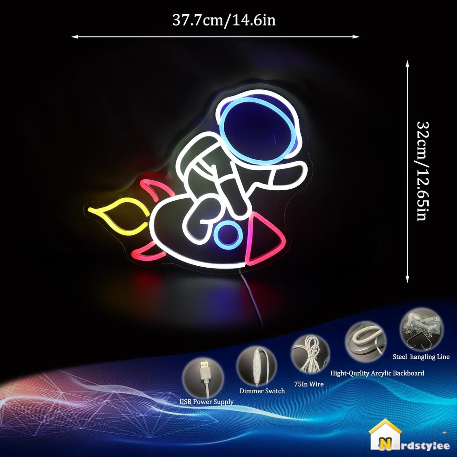 Letrero de Neón Astronauta en Cohete Nordstylee 37.6x32 cm