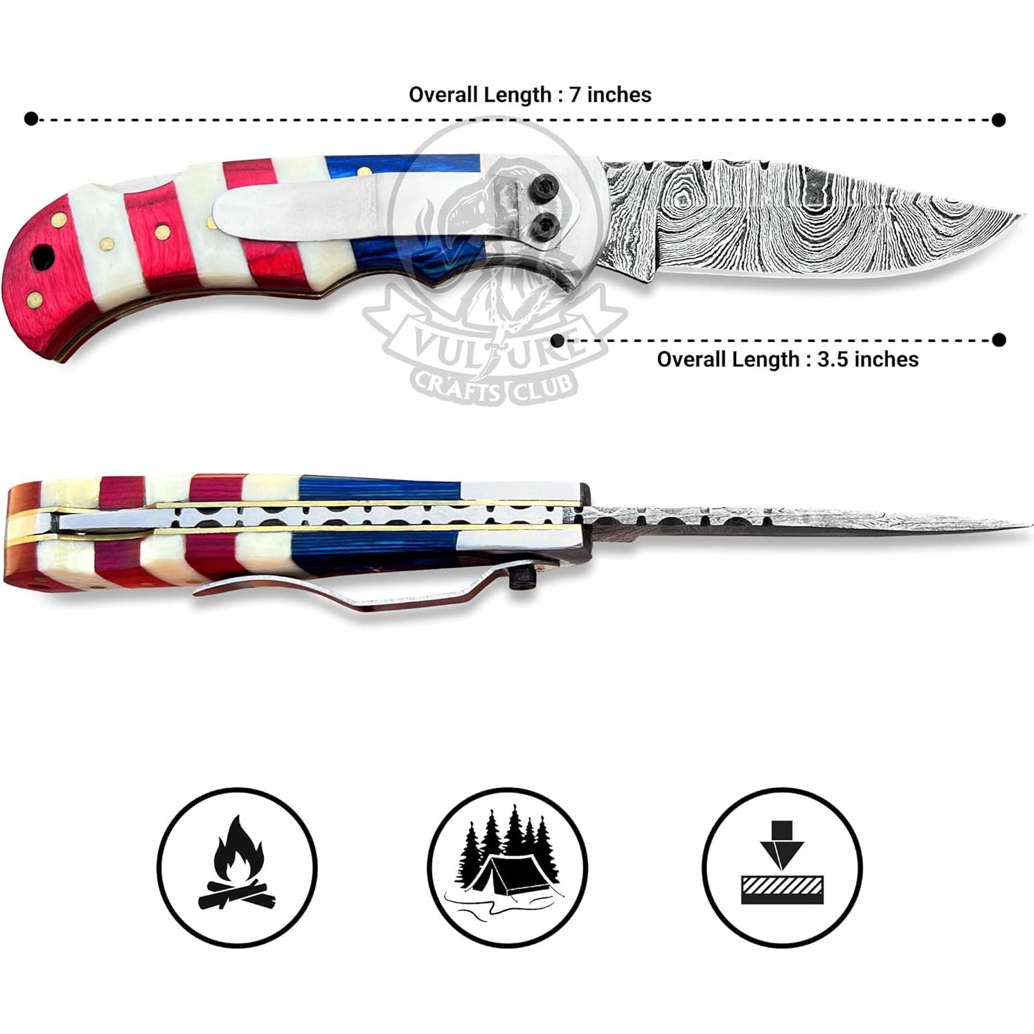 Cuchillo de bolsillo Damasco VULTURE CRAFTS 17.78 cm con funda