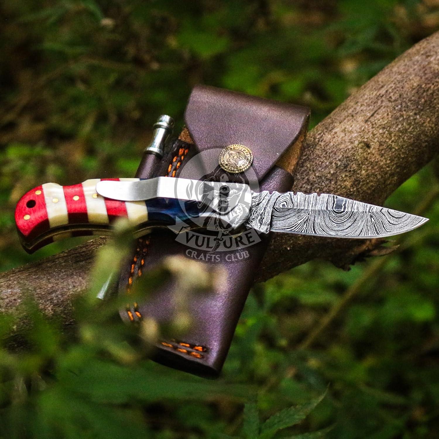 Cuchillo de bolsillo Damasco VULTURE CRAFTS 17.78 cm con funda