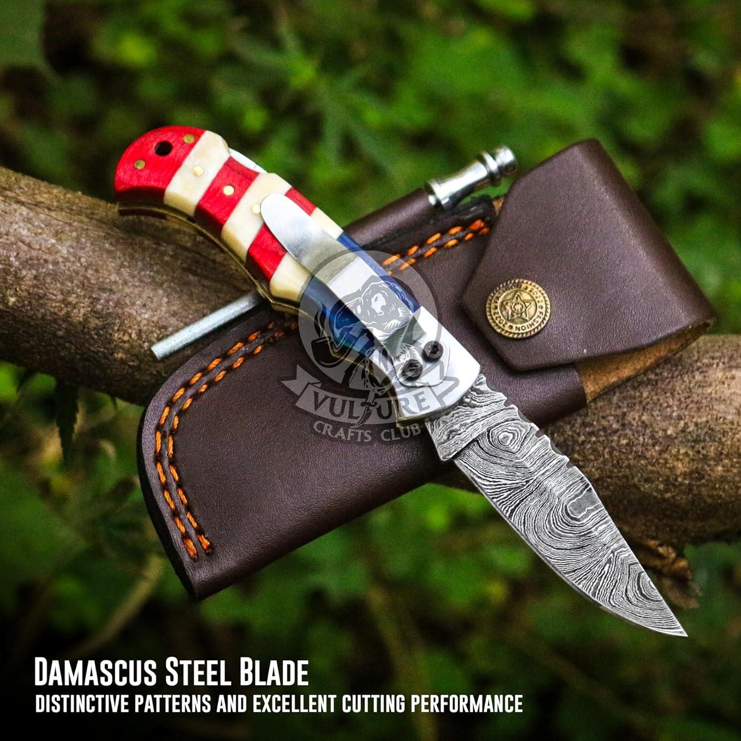 Cuchillo de bolsillo Damasco VULTURE CRAFTS 17.78 cm con funda