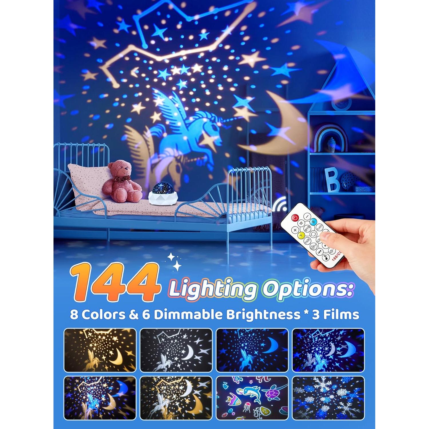 PIKOY Kids Night Light Projector+12 Lullabies, 8 Colors+3 Films+360° Night Light Projector for Kids Room, Remote+AUTO Timer Star Projector Stars for Ceiling Projector Lights for Bedroom & Babies Gifts