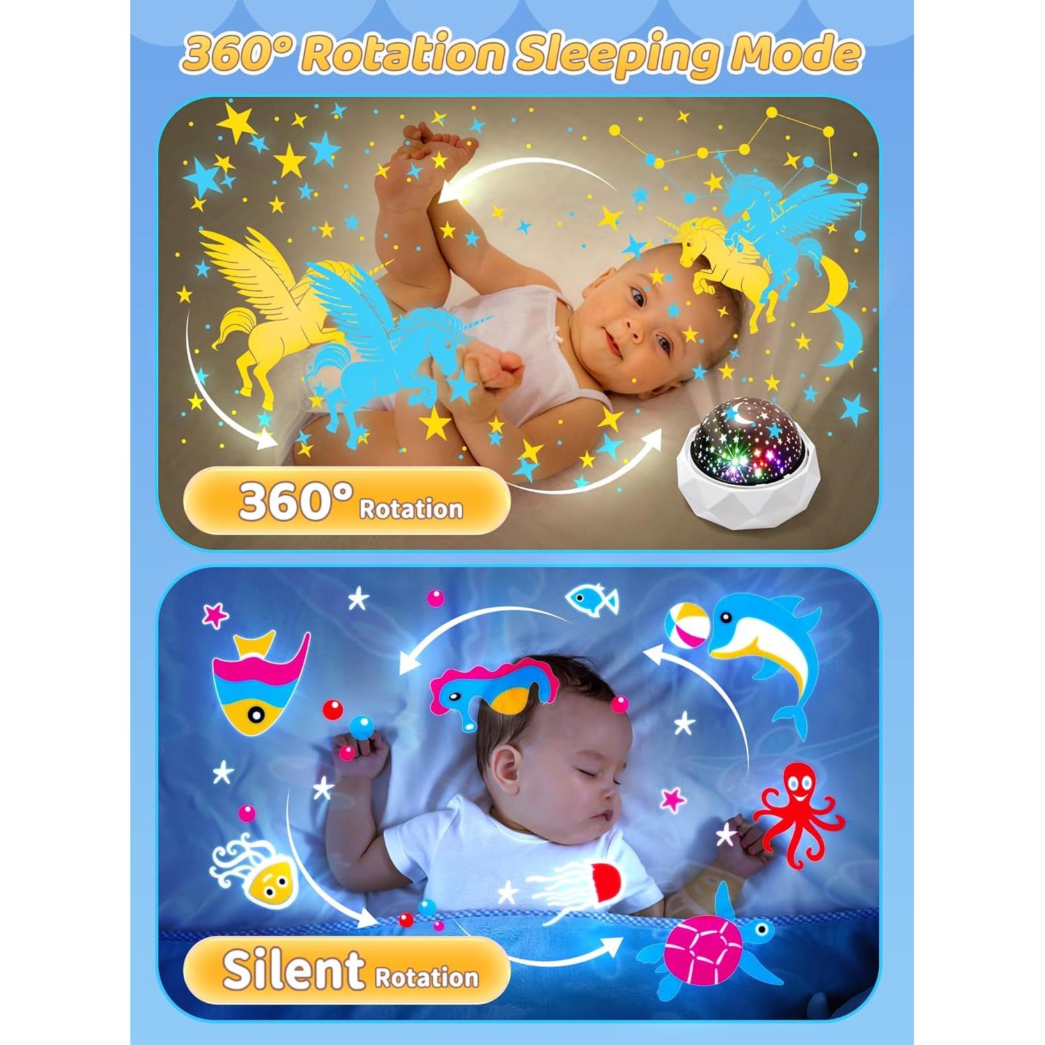 PIKOY Kids Night Light Projector+12 Lullabies, 8 Colors+3 Films+360° Night Light Projector for Kids Room, Remote+AUTO Timer Star Projector Stars for Ceiling Projector Lights for Bedroom & Babies Gifts