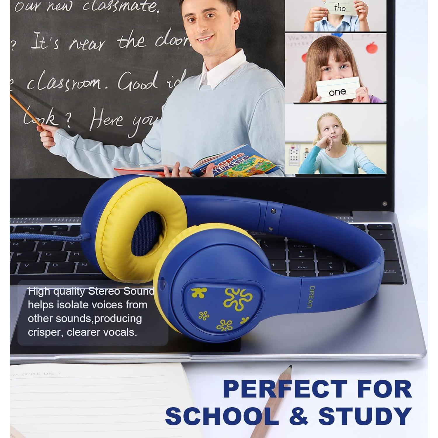 Headphones for Kids,85/94db Volume Limiter Boys Girls On Earphones Wired with Microphone,Kids Head Phones with Audio Sharing for iPad/Kindle/PC/Laptop/School(Blue)