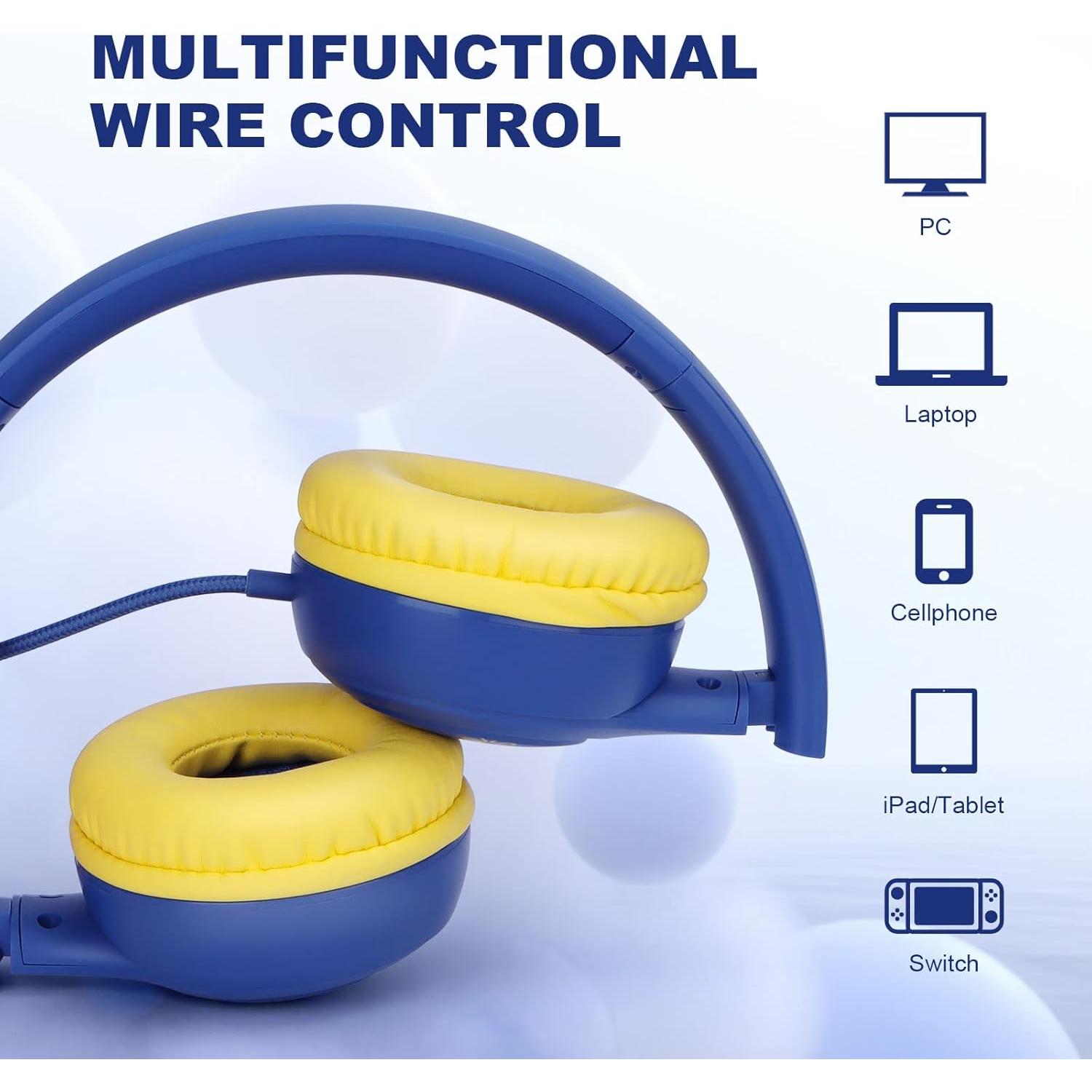 Headphones for Kids,85/94db Volume Limiter Boys Girls On Earphones Wired with Microphone,Kids Head Phones with Audio Sharing for iPad/Kindle/PC/Laptop/School(Blue)