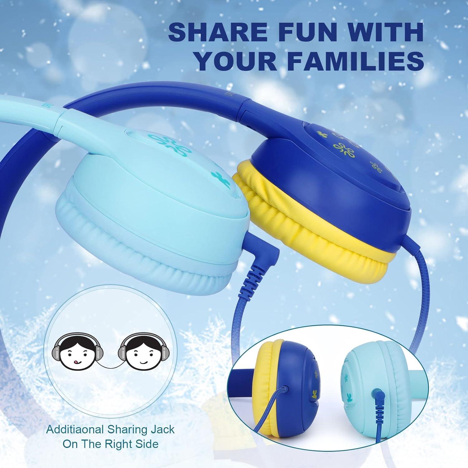 Headphones for Kids,85/94db Volume Limiter Boys Girls On Earphones Wired with Microphone,Kids Head Phones with Audio Sharing for iPad/Kindle/PC/Laptop/School(Blue)