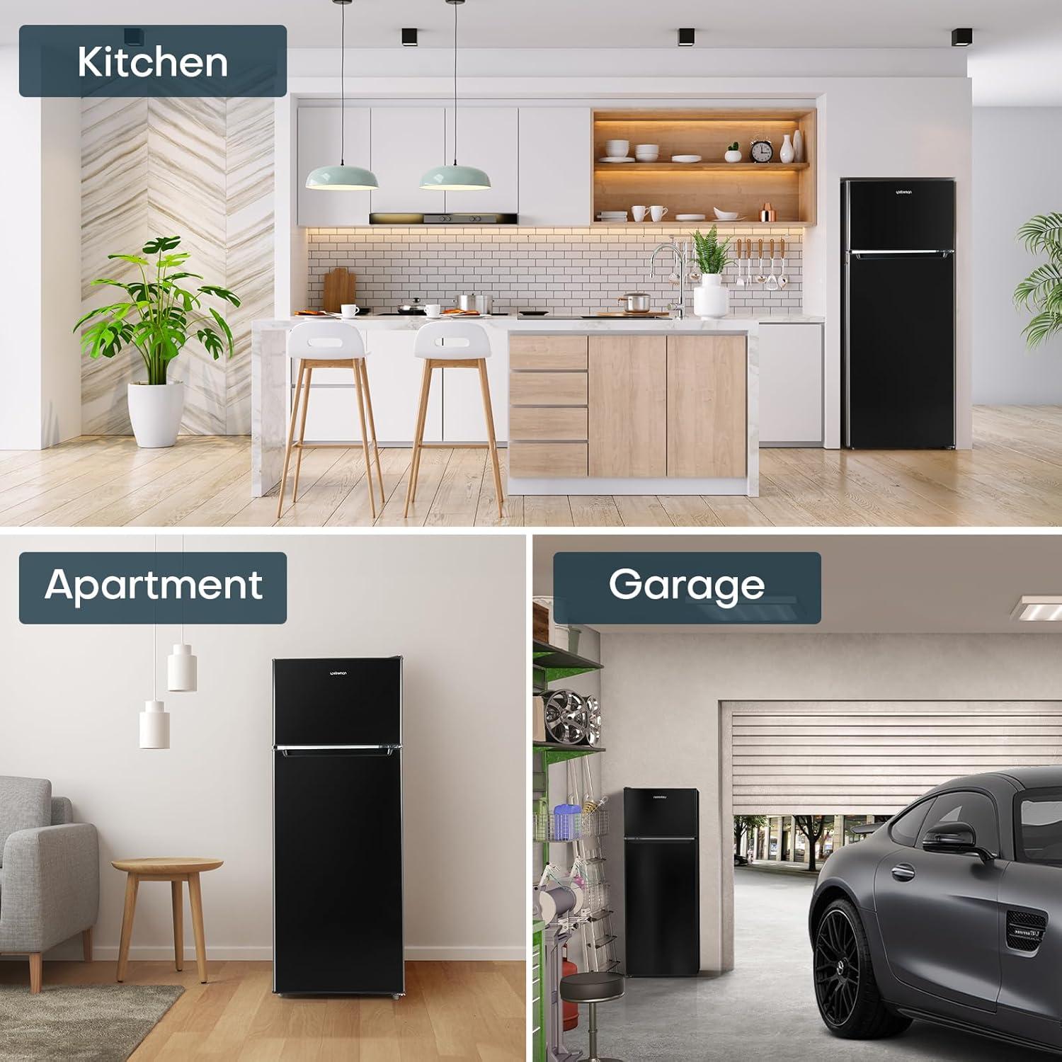 Upstreman 7.7 Cu.Ft. Refrigerator with Freezer, Double Door Fridge, Adjustable Thermostat, Large Capacity, Reversible Door Swing, Refrigerator for Apartment, Office, Dorm, Black（BD75）