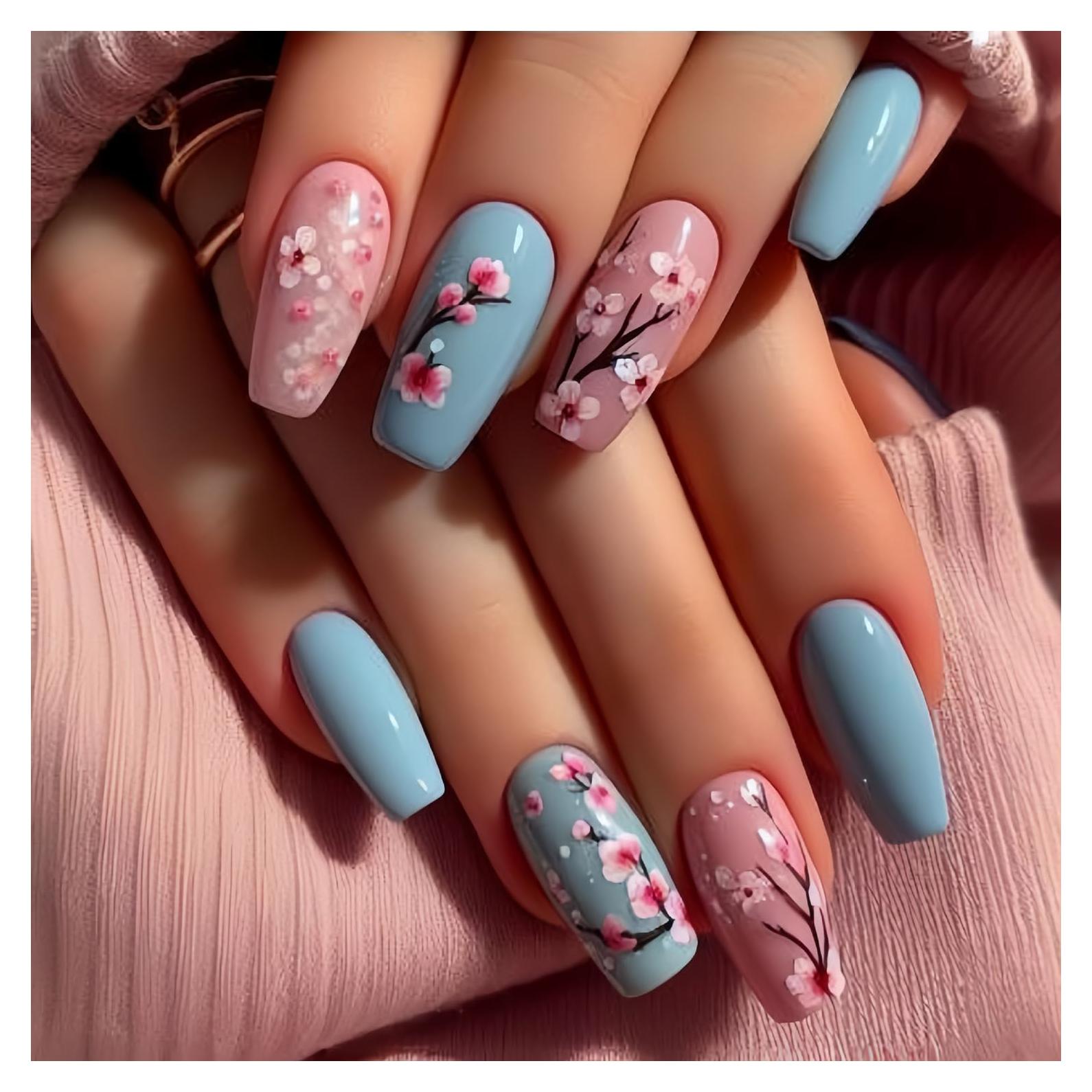 Uñas Postizas Florales Azules TBRZTR 24 Piezas Acrílicas