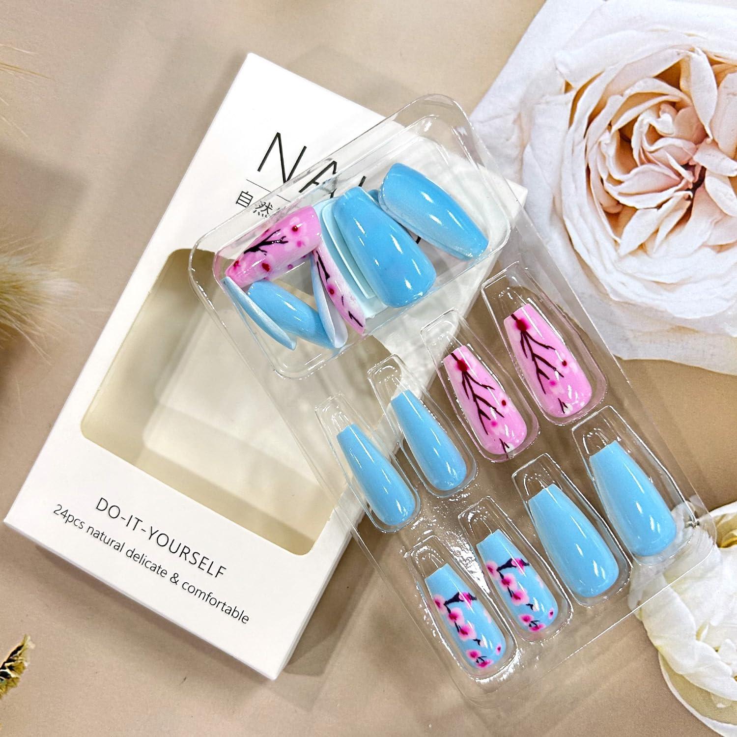 Uñas Postizas Florales Azules TBRZTR 24 Piezas Acrílicas