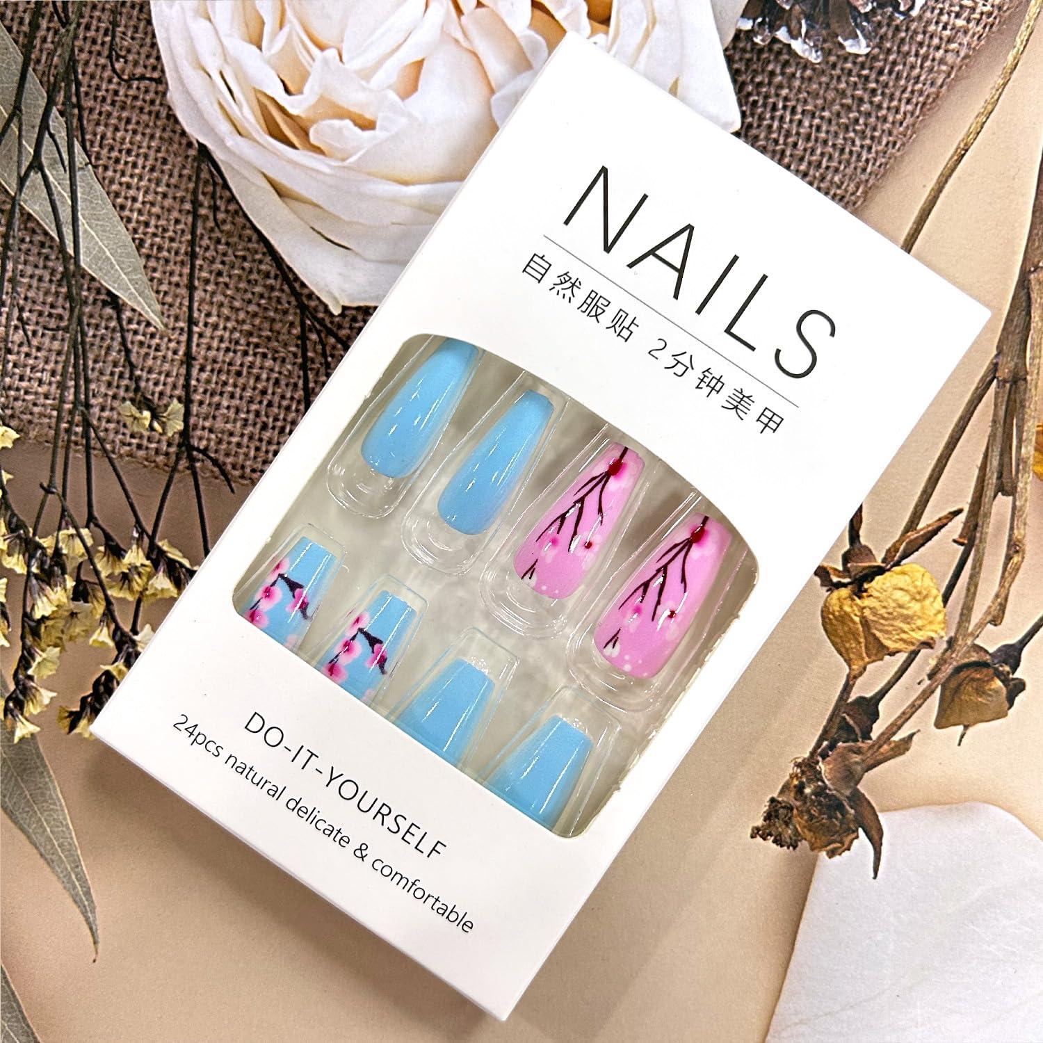 Uñas Postizas Florales Azules TBRZTR 24 Piezas Acrílicas