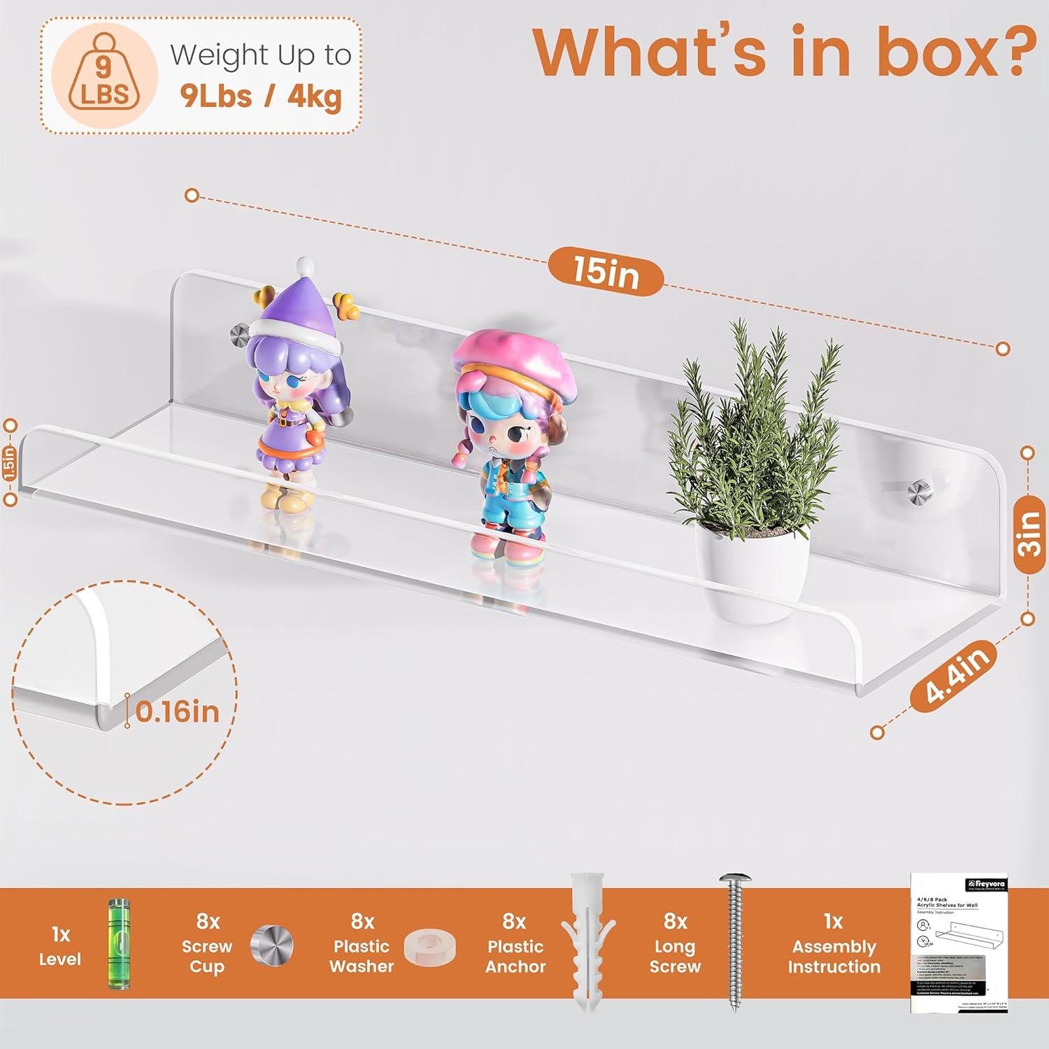 Estantes Flotantes de Acrílico Freyvora 4 Unidades 38.1x11.18 cm