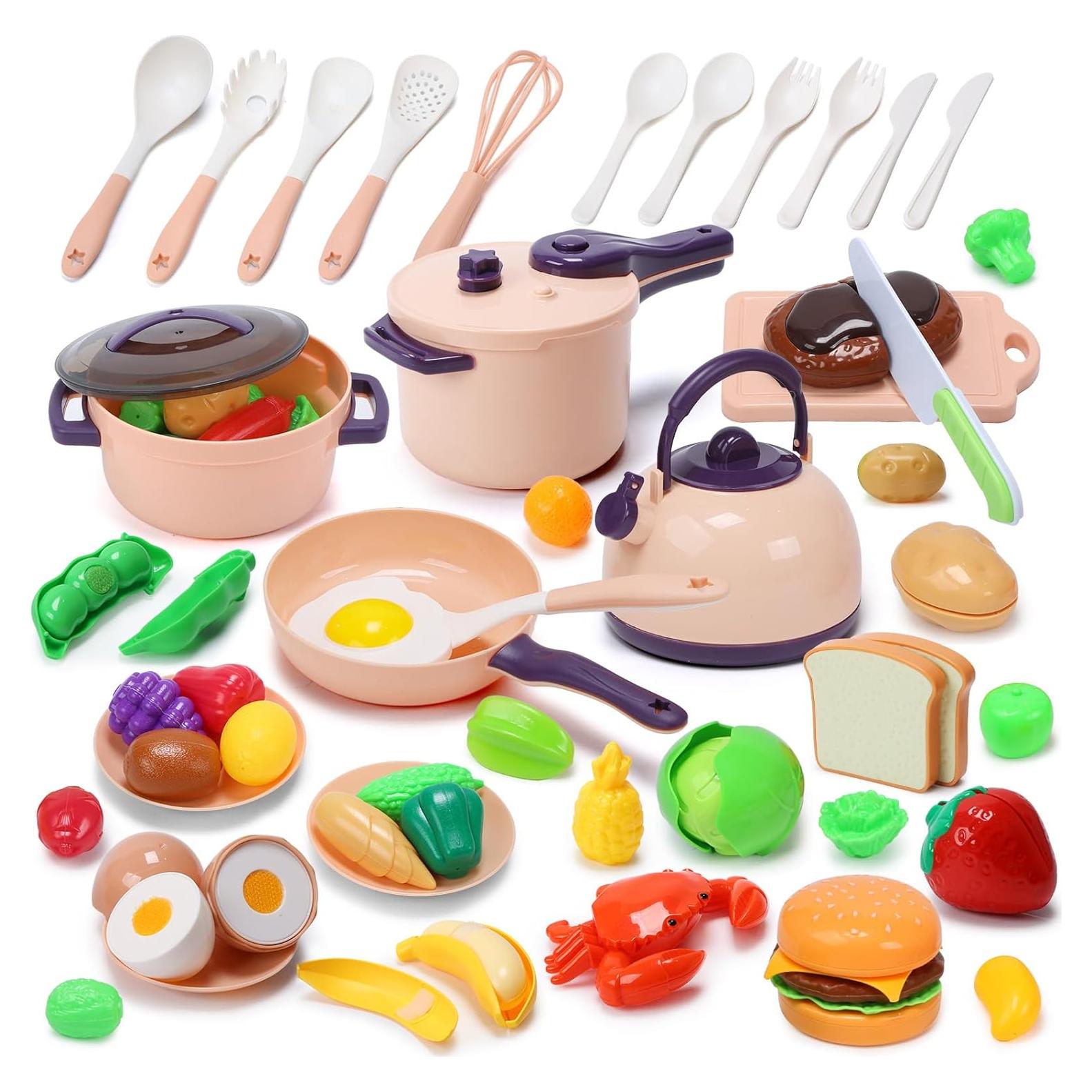 CUTE STONE 51-Piece Mini Play Kitchen Accessories for Kids, Pretend Cooking Playset with Pots, Pans, Utensils, Cutting Fun Fruits & Veggies, Learning Gift for Toddlers, Girls & Boys