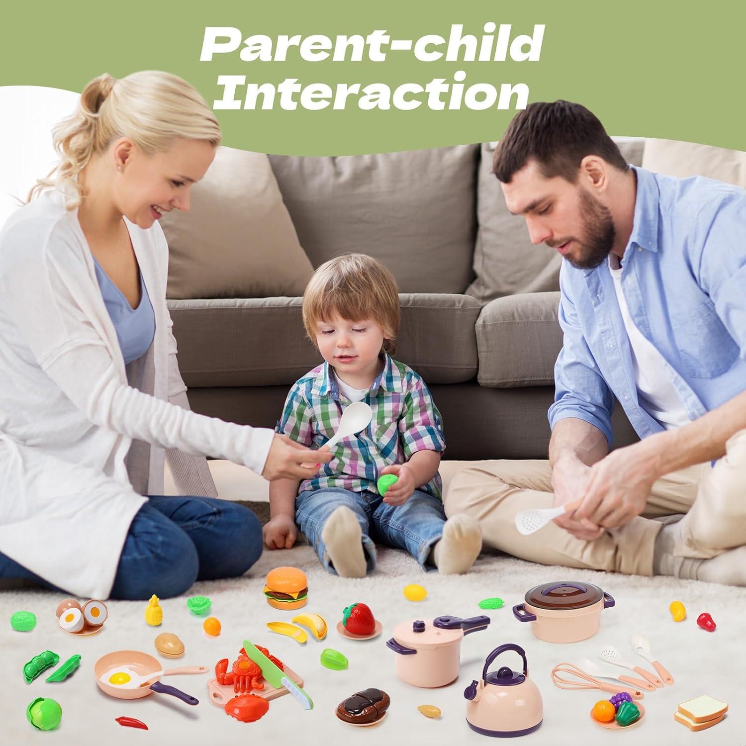 CUTE STONE 51-Piece Mini Play Kitchen Accessories for Kids, Pretend Cooking Playset with Pots, Pans, Utensils, Cutting Fun Fruits & Veggies, Learning Gift for Toddlers, Girls & Boys