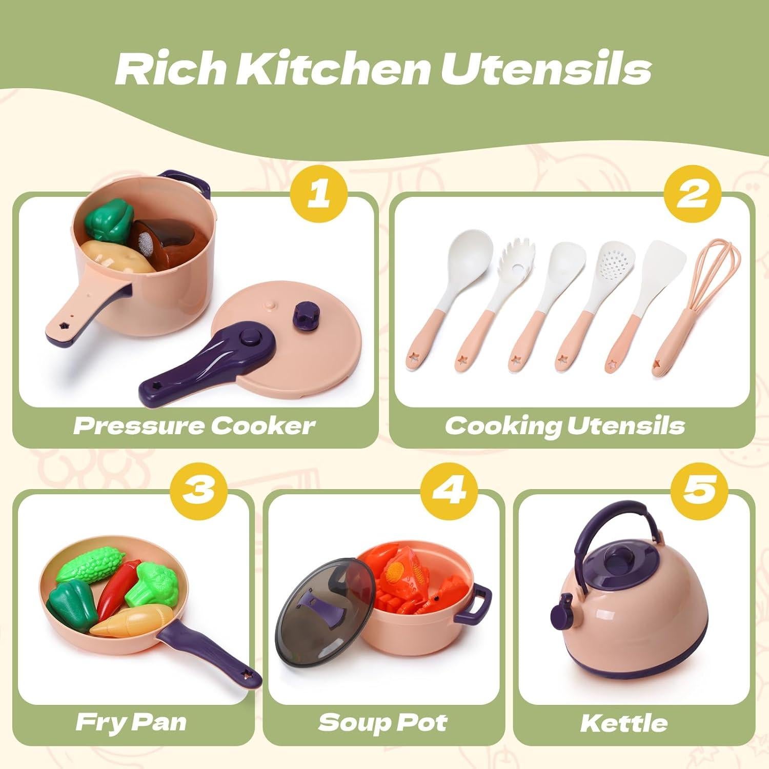 CUTE STONE 51-Piece Mini Play Kitchen Accessories for Kids, Pretend Cooking Playset with Pots, Pans, Utensils, Cutting Fun Fruits & Veggies, Learning Gift for Toddlers, Girls & Boys