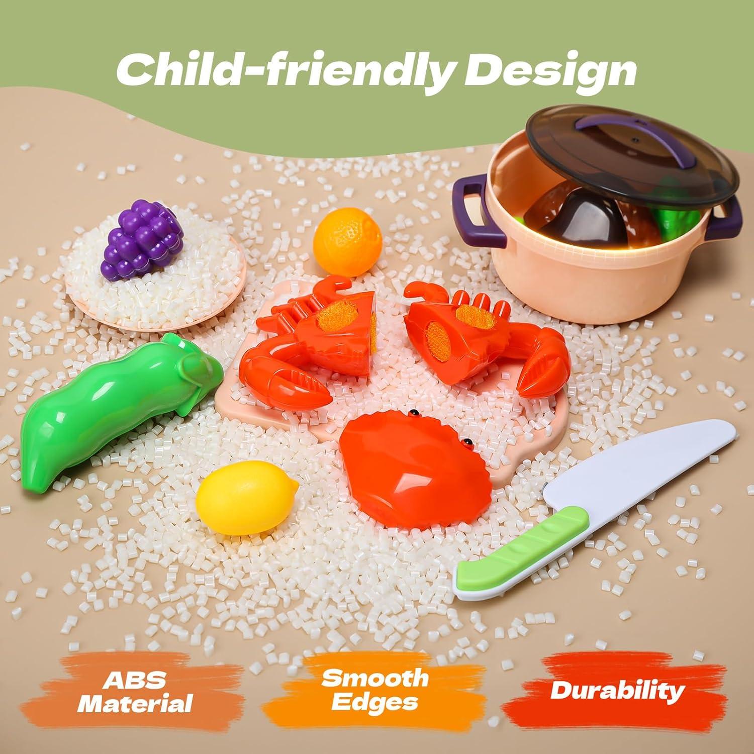CUTE STONE 51-Piece Mini Play Kitchen Accessories for Kids, Pretend Cooking Playset with Pots, Pans, Utensils, Cutting Fun Fruits & Veggies, Learning Gift for Toddlers, Girls & Boys