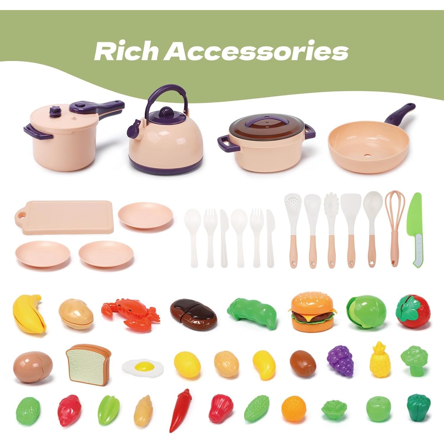 CUTE STONE 51-Piece Mini Play Kitchen Accessories for Kids, Pretend Cooking Playset with Pots, Pans, Utensils, Cutting Fun Fruits & Veggies, Learning Gift for Toddlers, Girls & Boys