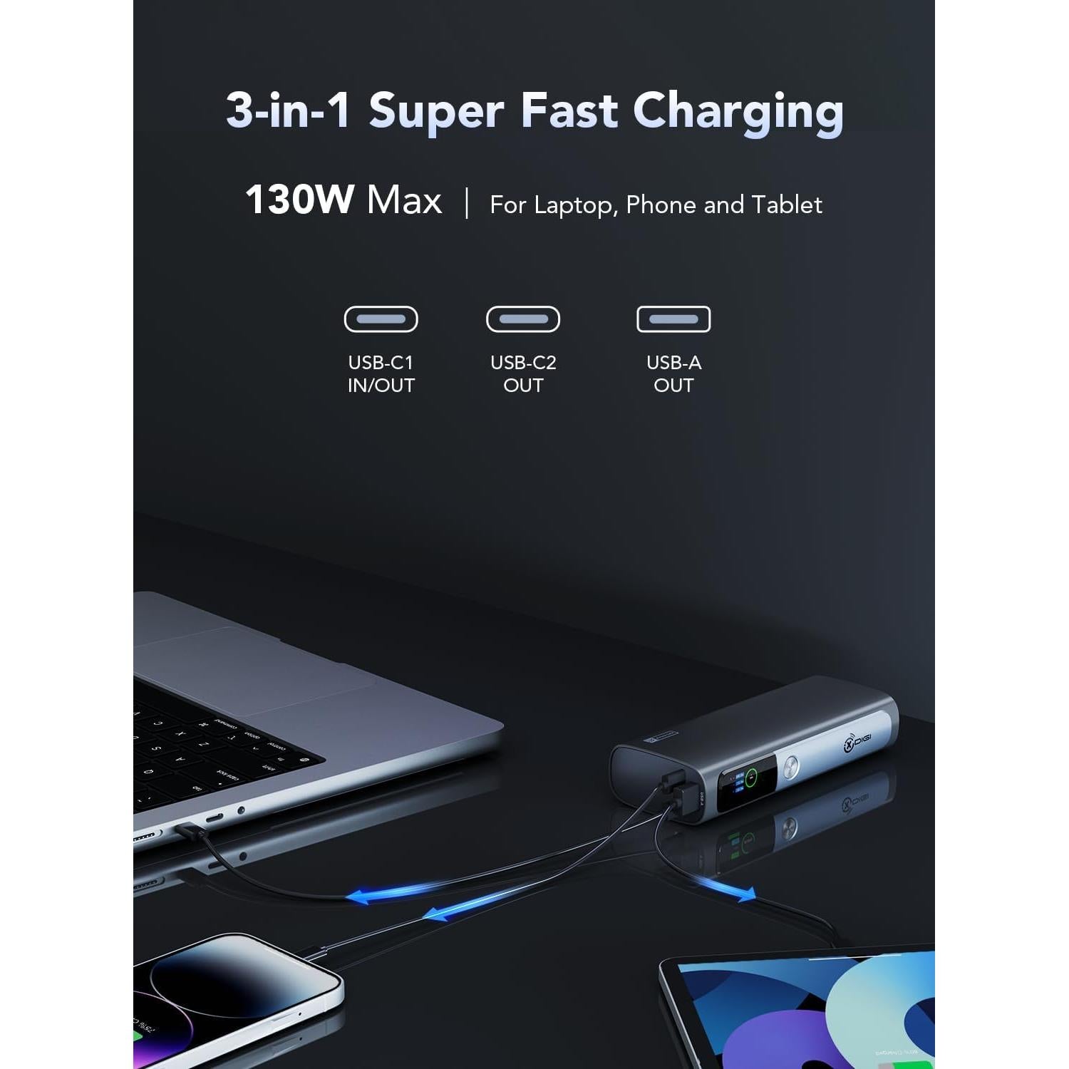 Power Bank 20000mAh X DIGI 130W Carga Rápida USB-C Pantalla TFT