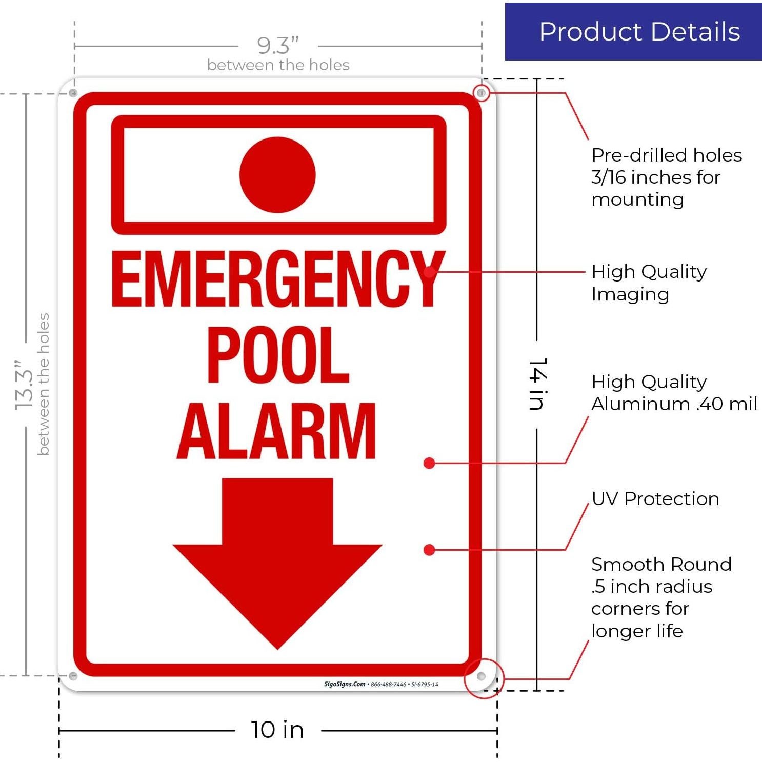 Cartel de Alarma de Piscina Sigo Signs 25.4x35.6 cm Aluminio