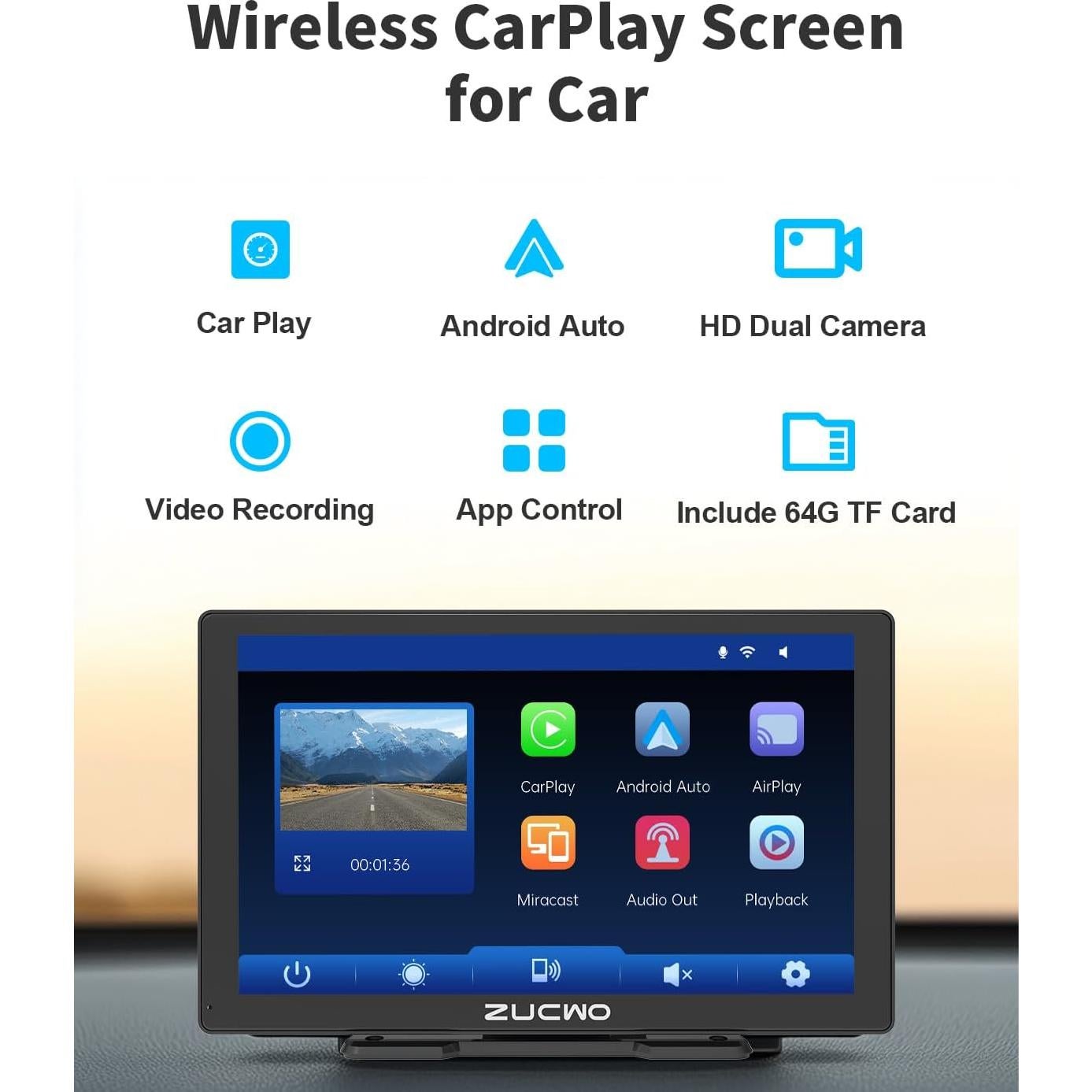 Pantalla Inalámbrica CarPlay 9" ZUCWO con Cámara y Bluetooth