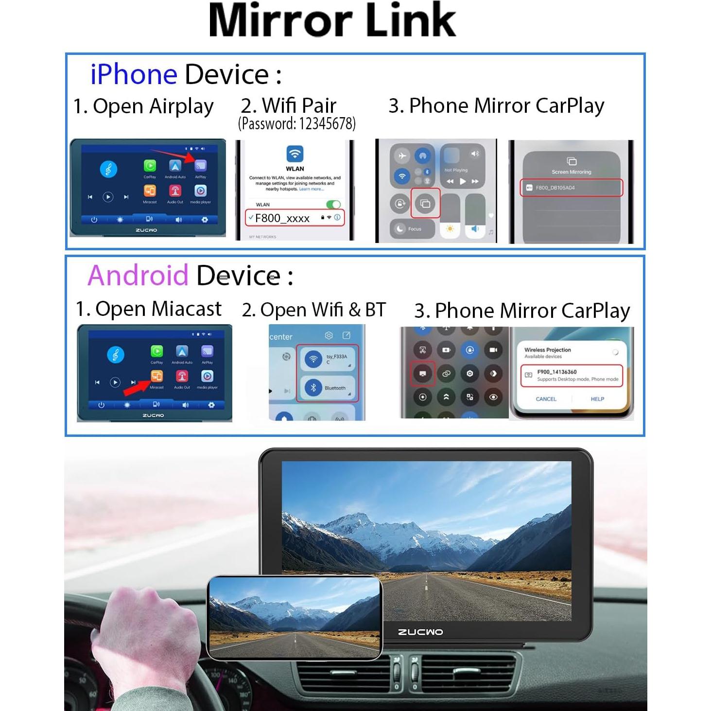 Pantalla Inalámbrica CarPlay 9" ZUCWO con Cámara y Bluetooth