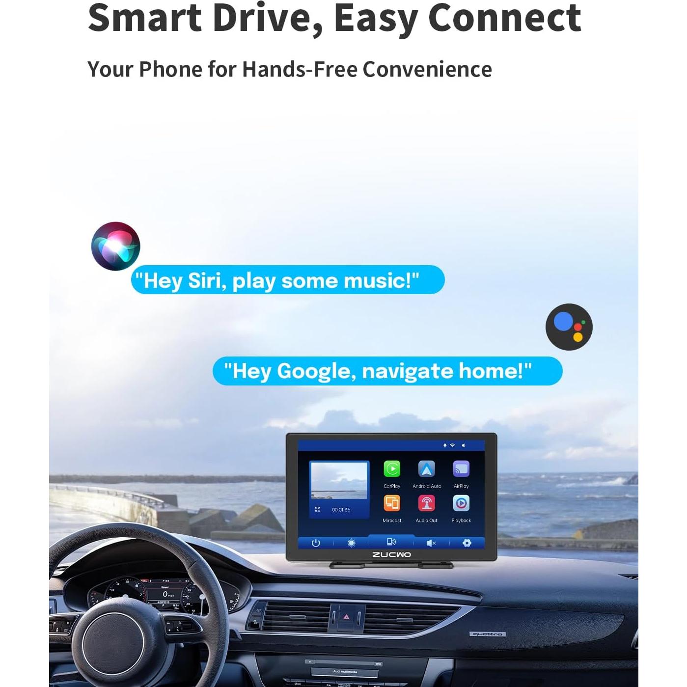 Pantalla Inalámbrica CarPlay 9" ZUCWO con Cámara y Bluetooth