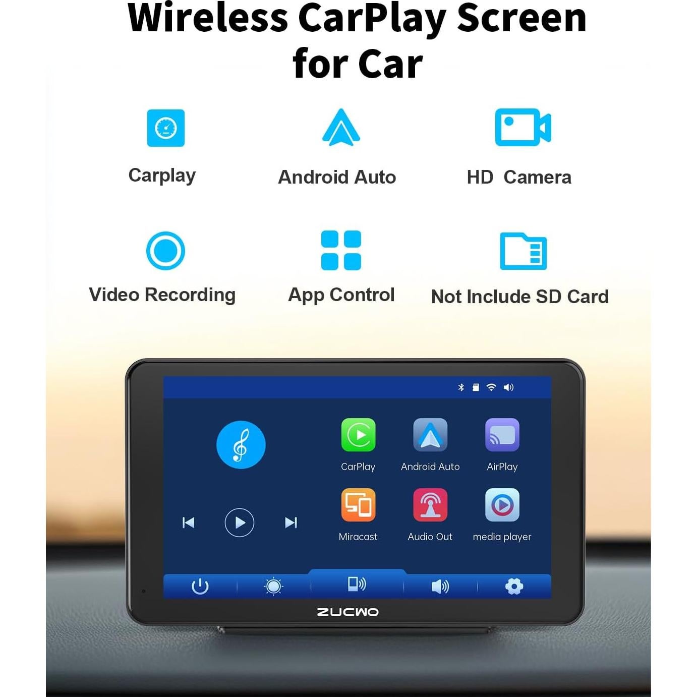 Pantalla Inalámbrica CarPlay 7" ZUCWO con Cámara Reversa