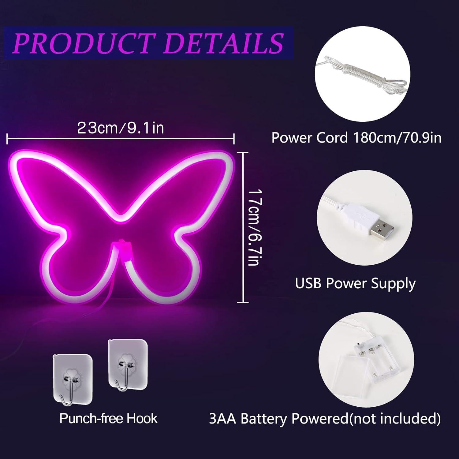 Luz LED Neon Mariposa BerniceKelly 23x17cm USB/Batería